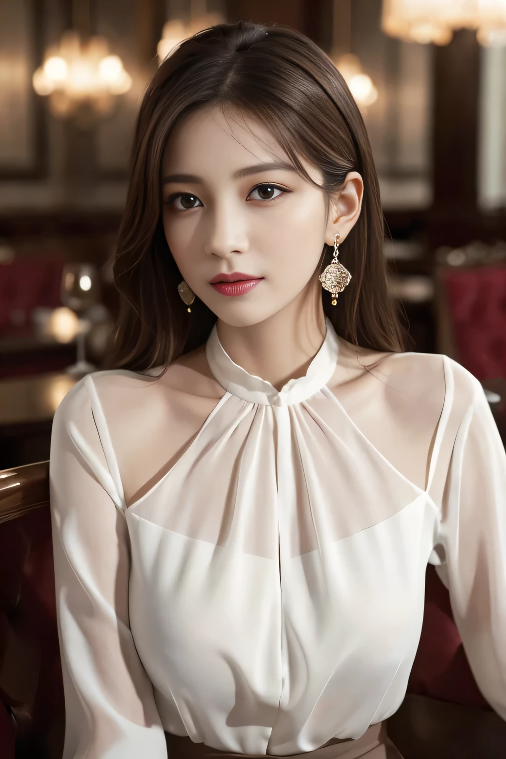 masterpiece, highest quality, Realistic, Very detailed, Finer details, High resolution, 8k wallpaper, One beautiful woman, Wear an elegant white see-through blouse, In a great restaurant, At night, Light brown messy hair, Perfect dynamic composition, Beautiful and beautiful eyes、Big earrings、Sitting in a chair、