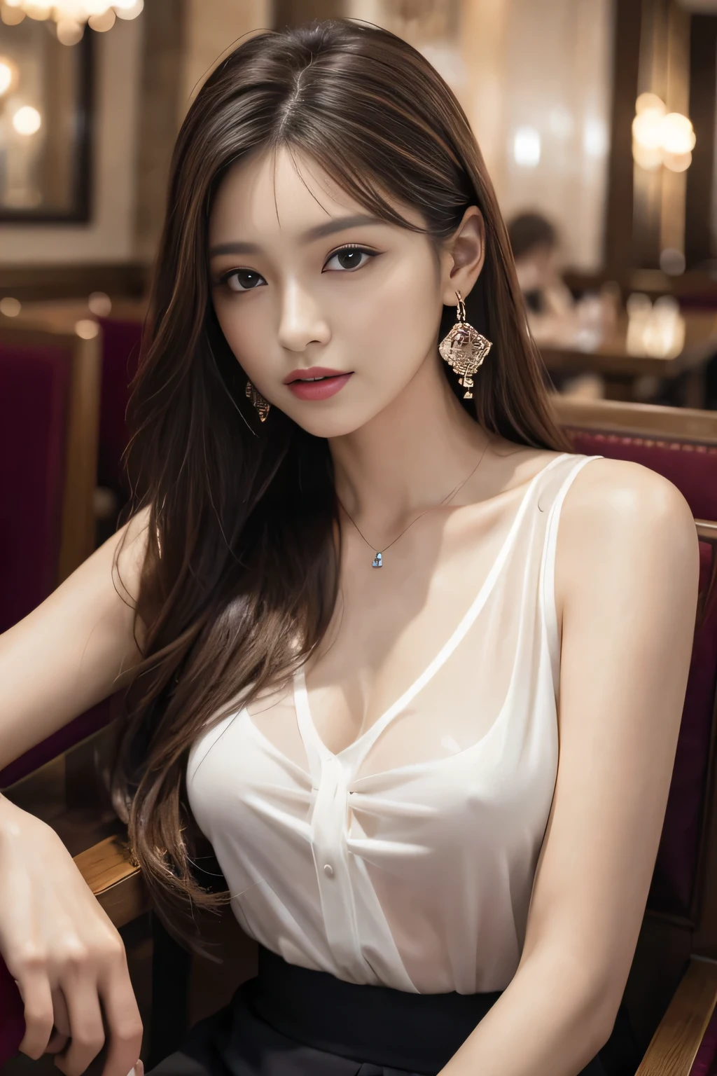 masterpiece, highest quality, Realistic, Very detailed, Finer details, High resolution, 8k wallpaper, One beautiful woman, Wear an elegant white see-through shirt, In a great restaurant, At night, Light brown messy hair, Perfect dynamic composition, Beautiful and beautiful eyes、Big earrings、Sitting in a chair、Sleeveless shirt、