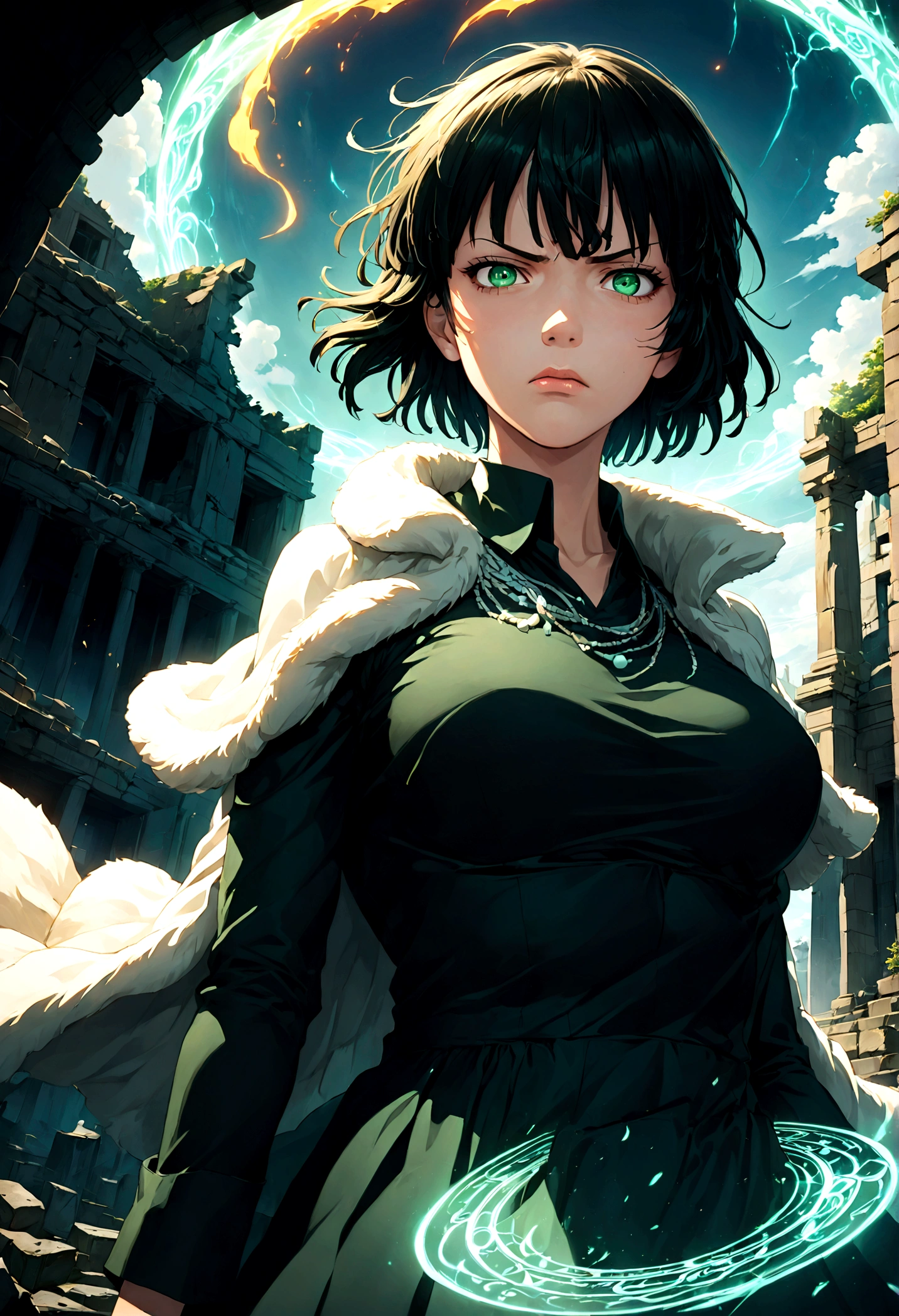 1girl, fubuki, black hair, green eyes, short hair, black dress, fur coat, high collar, jewelry, necklace, off shoulder, taut clothes, taut dress, (disgust, Disgusted face, Disgusted Look, frown), contempt, outdoors, ruins, magic, magic circle, fighting stance, looking at viewer, from below, close up, glowing eye, dutch angle, cowboy shot, anime screenshot, source_anime, Fubuki_(One-Punch_Man), dramatic composition, cinematic dynamic action scene, vibrant colors, cinematic lighting, dramatic lighting, best quality, masterpiece, very aesthetic, perfect composition, intricate details, ultra-detailed