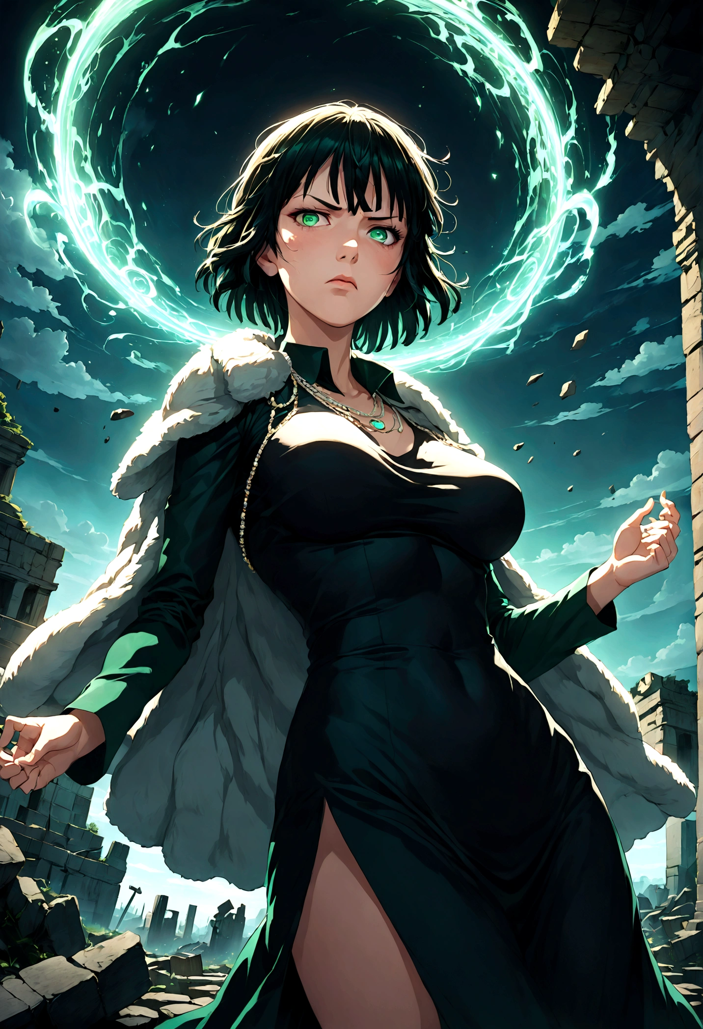 1girl, fubuki, black hair, green eyes, short hair, black dress, fur coat, high collar, jewelry, necklace, off shoulder, taut clothes, taut dress, (disgust, Disgusted face, Disgusted Look, frown), contempt, outdoors, ruins, magic, magic circle, fighting stance, looking at viewer, from below, close up, glowing eye, dutch angle, cowboy shot, anime screenshot, source_anime, Fubuki_(One-Punch_Man), dramatic composition, cinematic dynamic action scene, vibrant colors, cinematic lighting, dramatic lighting, best quality, masterpiece, very aesthetic, perfect composition, intricate details, ultra-detailed