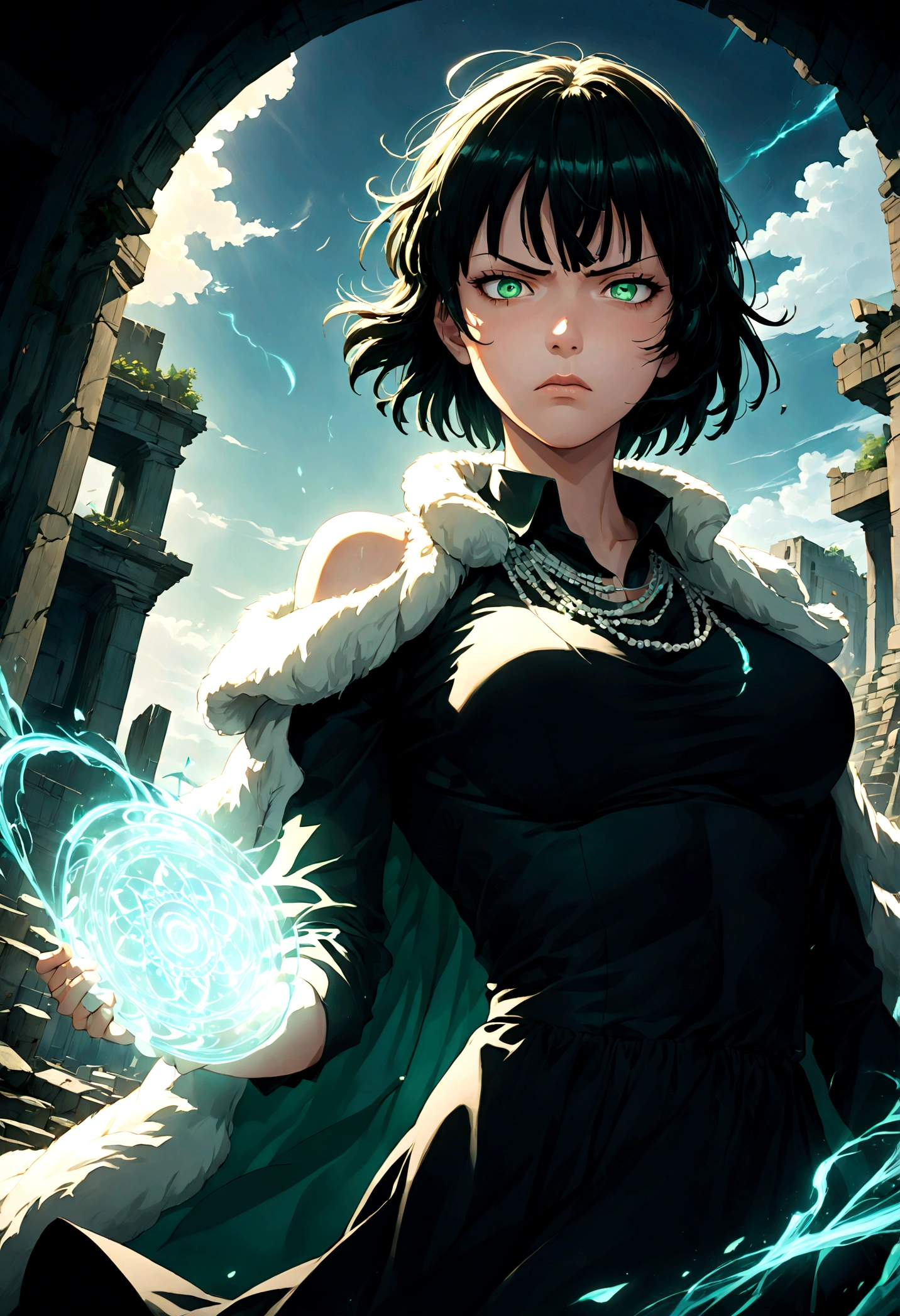 1girl, fubuki, black hair, green eyes, short hair, black dress, fur coat, high collar, jewelry, necklace, off shoulder, taut clothes, taut dress, (disgust, Disgusted face, Disgusted Look, frown), contempt, outdoors, ruins, magic, magic circle, fighting stance, looking at viewer, from below, close up, glowing eye, dutch angle, cowboy shot, anime screenshot, source_anime, Fubuki_(One-Punch_Man), dramatic composition, cinematic dynamic action scene, vibrant colors, cinematic lighting, dramatic lighting, best quality, masterpiece, very aesthetic, perfect composition, intricate details, ultra-detailed