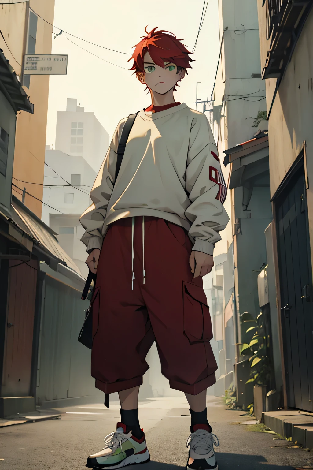 young tomboy, flat, handsome, red short hair, baggy clothes, brutal with a serious look, Full-length, sneakers, tall, green eyes.