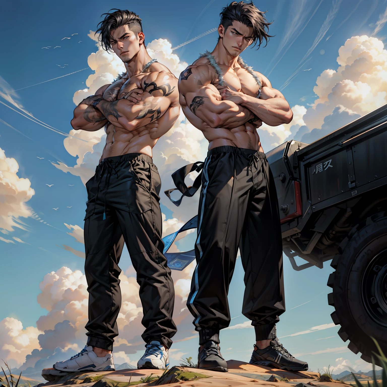 1boy, 26 Years old, Serious face, high-cut hair, muscular, shirtless, ((black long pants)), hands cross on chest, blue sky, cloud
