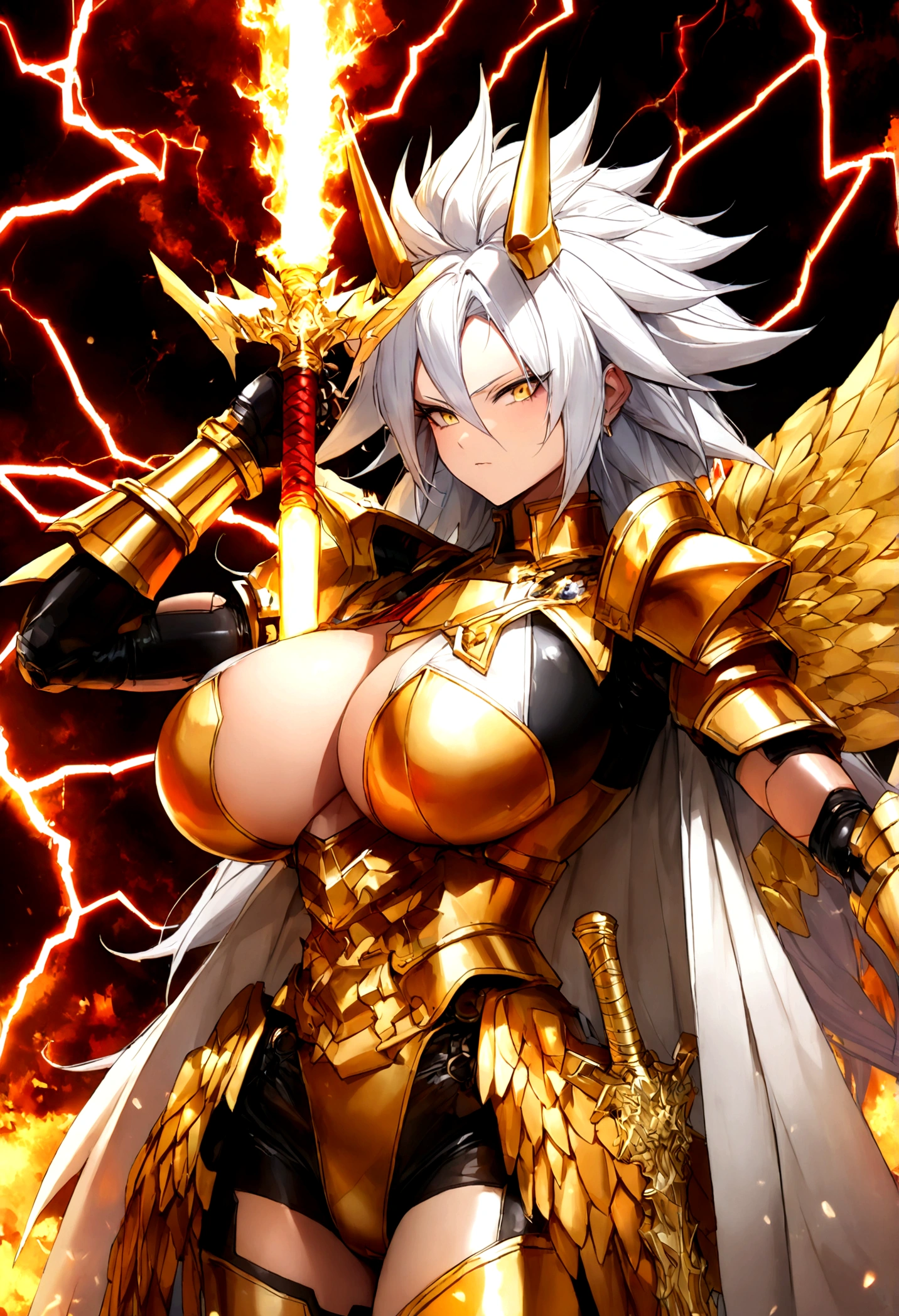 ((Lightning Power)), ((Electricity)), ((Fire Background)), (Lightning Storm), (((android 21))), ((Super Saiyan)), (((white Coat))), (((Busty))), (((((Big breast:1,3)))), luxury bustier corset, ((silver hair)), (((Very slim waist))), propotional body, ((Gorgeous)), (((gold wings))), masterpiece, hyperdetail, ambient effect, digital effect, (((FIRE SWORD)), (((Lightning Sword))), (((Fire Gold Armor))), (((Lightning Gold Wings))), ((Fire Demon Horns))