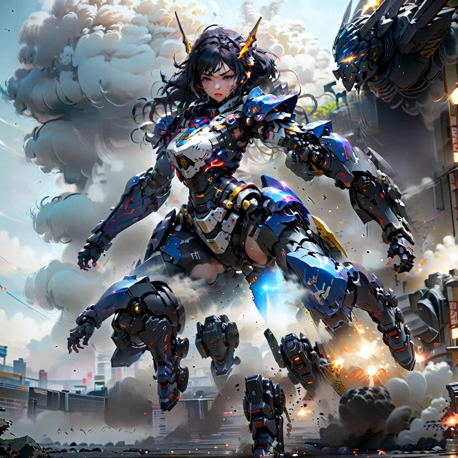 anime girl, mecha suit, thunder fist, combat action, iconic strike stance, epicRealism, 8k, UHD super detailed, perfect face, perfect fist, perfect feet, ethereal, thick smoke and fog