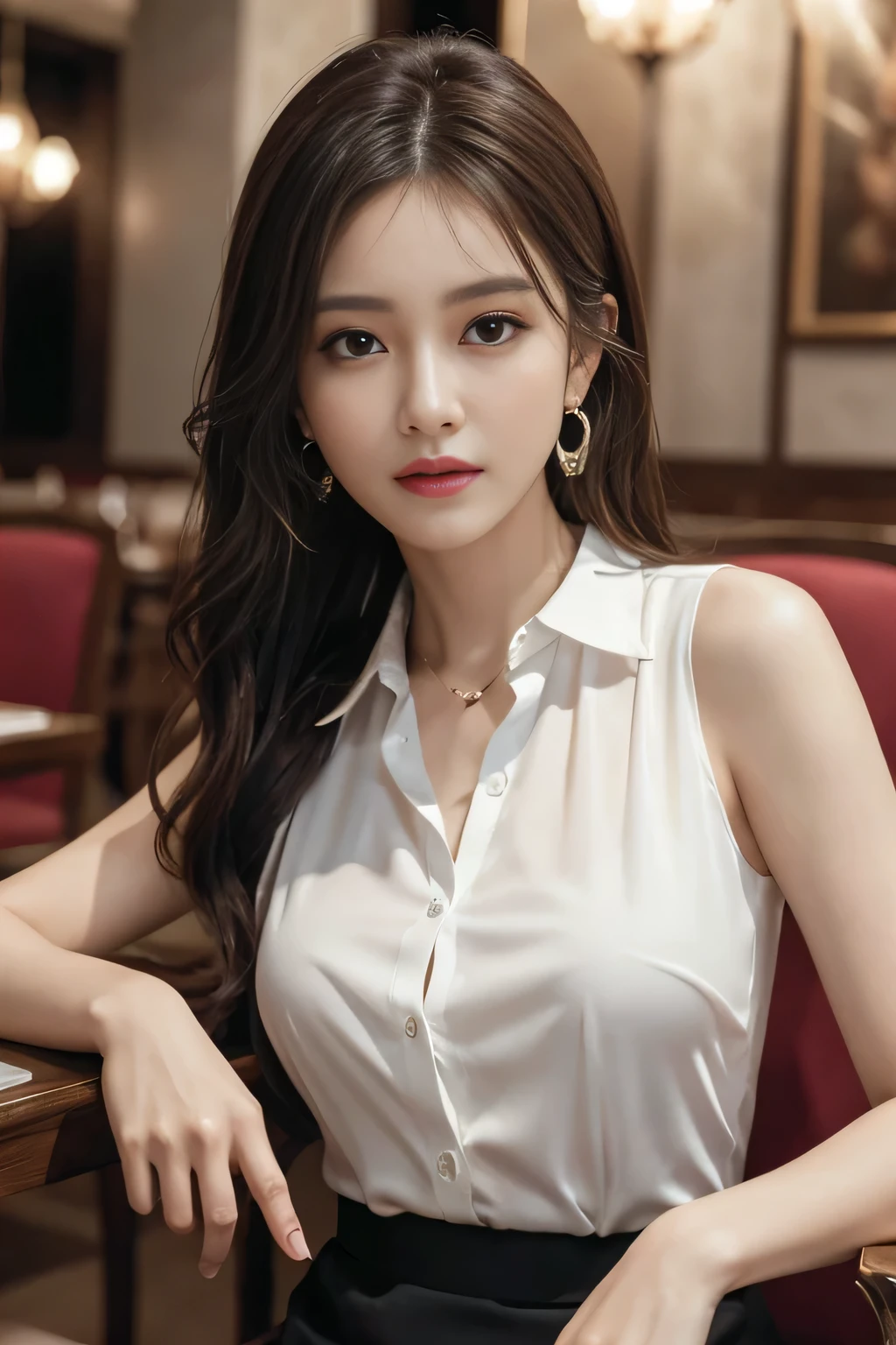 masterpiece, highest quality, Realistic, Very detailed, Finer details, High resolution, 8k wallpaper, One beautiful woman, Wear an elegant white see-through shirt, In a great restaurant, At night, Light brown messy hair, Perfect dynamic composition, Beautiful and beautiful eyes、Big earrings、Sitting in a chair、Sleeveless shirt、