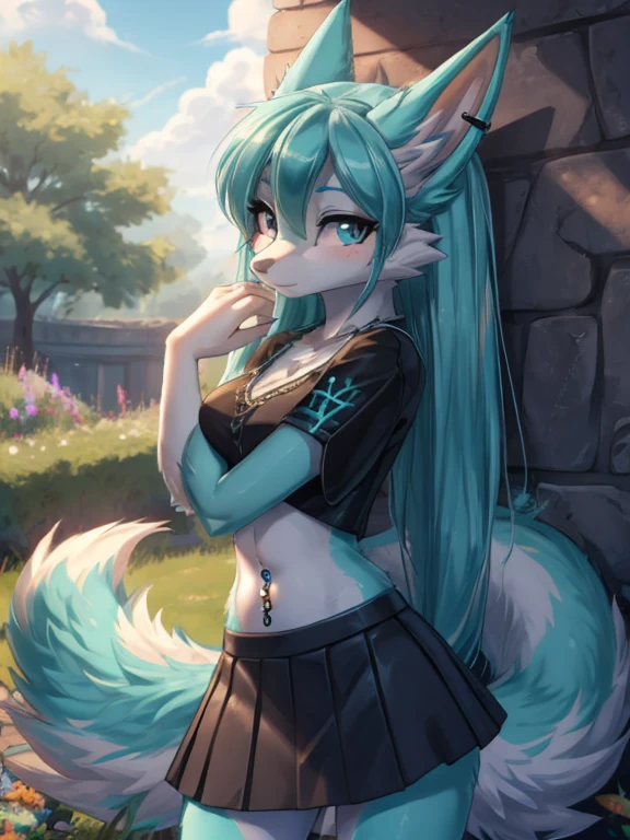 Chica anime, anime style, cute hatsune miku x suicune, shy girl , Orejas de Kitsune, arte de dark natasha, garden landscape, arte de vixen aztra, cuerpo completo, platas hermosas, cintura delgado, caderas amplias, piernas torneadas, hermosa, foto de cuerpo completo, sensuañ navel blouse, black skirt, navel piercing, ear piercing, navel tattoo, timid pose, back pose, hands in the wall, black body