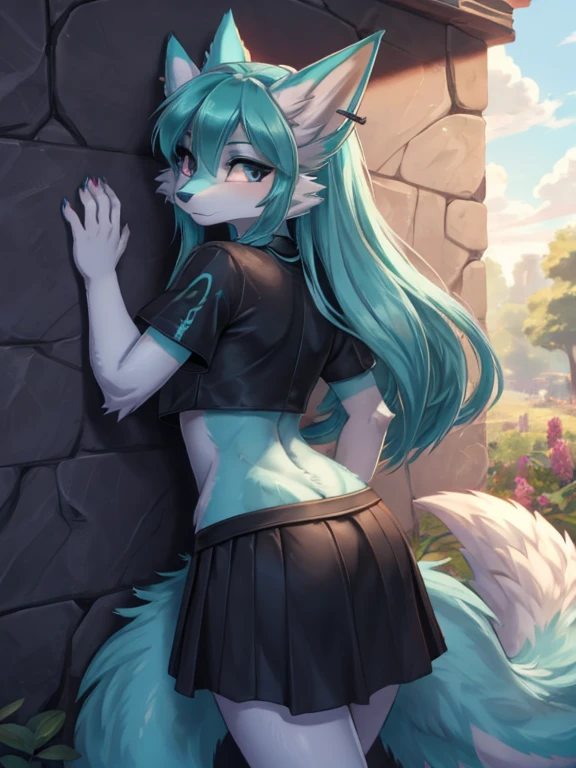 Chica anime, anime style, cute hatsune miku x suicune, shy girl , Orejas de Kitsune, arte de dark natasha, garden landscape, arte de vixen aztra, cuerpo completo, platas hermosas, cintura delgado, caderas amplias, piernas torneadas, hermosa, foto de cuerpo completo, sensuañ navel blouse, black skirt, navel piercing, ear piercing, navel tattoo, timid pose, back pose, hands in the wall, black body