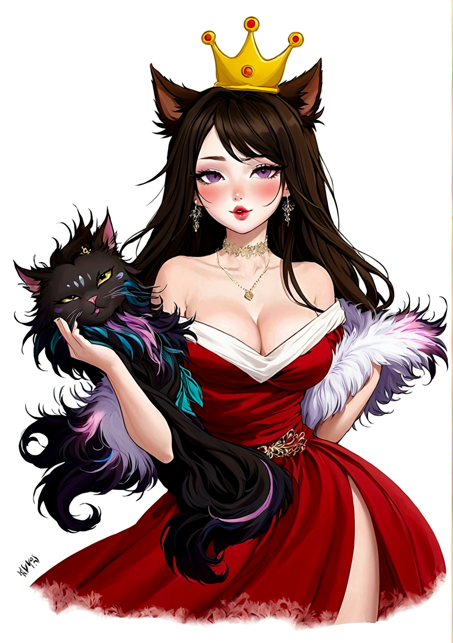 Anime Girl，Purple Eyeshadow，Black long hair，Cat ears，Small Crown，Red off-shoulder dress，Fur collar shawl，wave，Slender neck