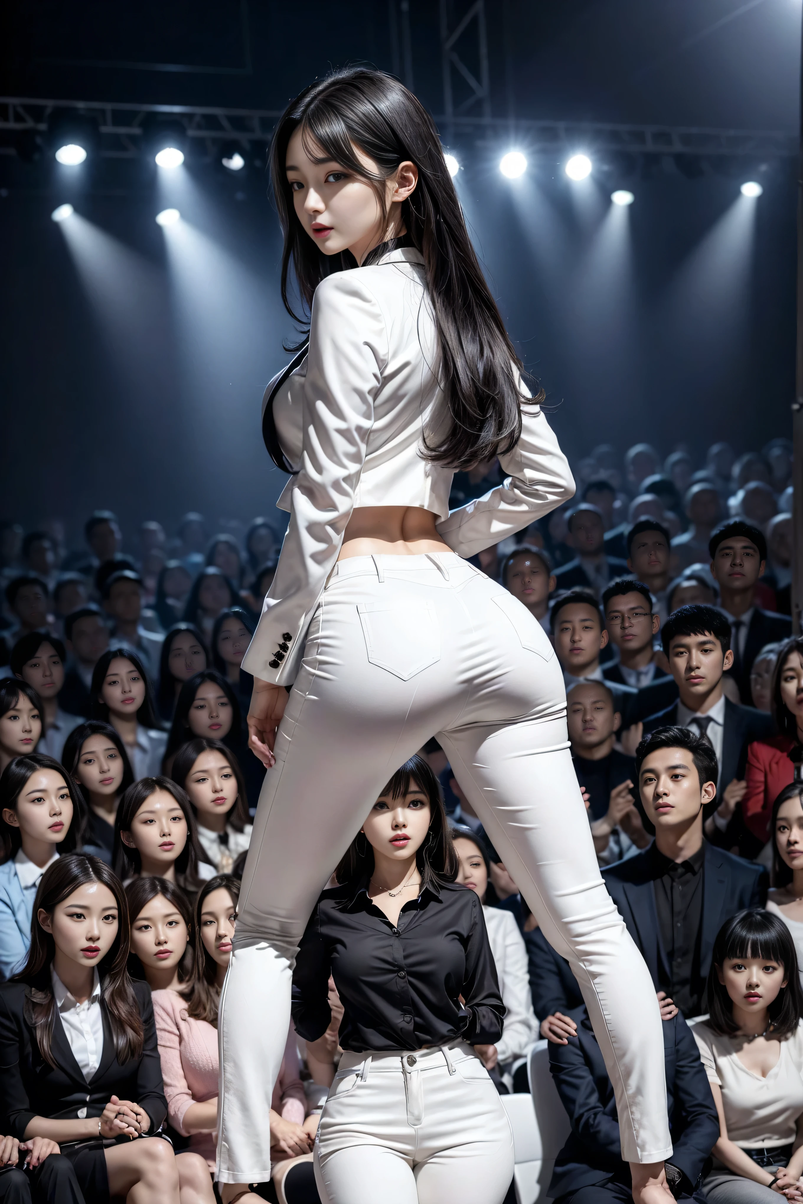 （8k，Highest Quality，masterpiece，practical，Super detailed：1.3），（1 girl，Beautiful Korean girl, Korean pop idol），（Black suit jacket：1.2），（White skinny trousers：1.1），（Serious expression：1.2）discuss，（speech，Handheld Microphone：1.2）（crowd，audience：1.3），Sexy long legs， （Thigh gap：1.5），Wide hips，S-Shaped Body， Hips lifted，，black hair，（Ass Focus：1.1）Shot from behind