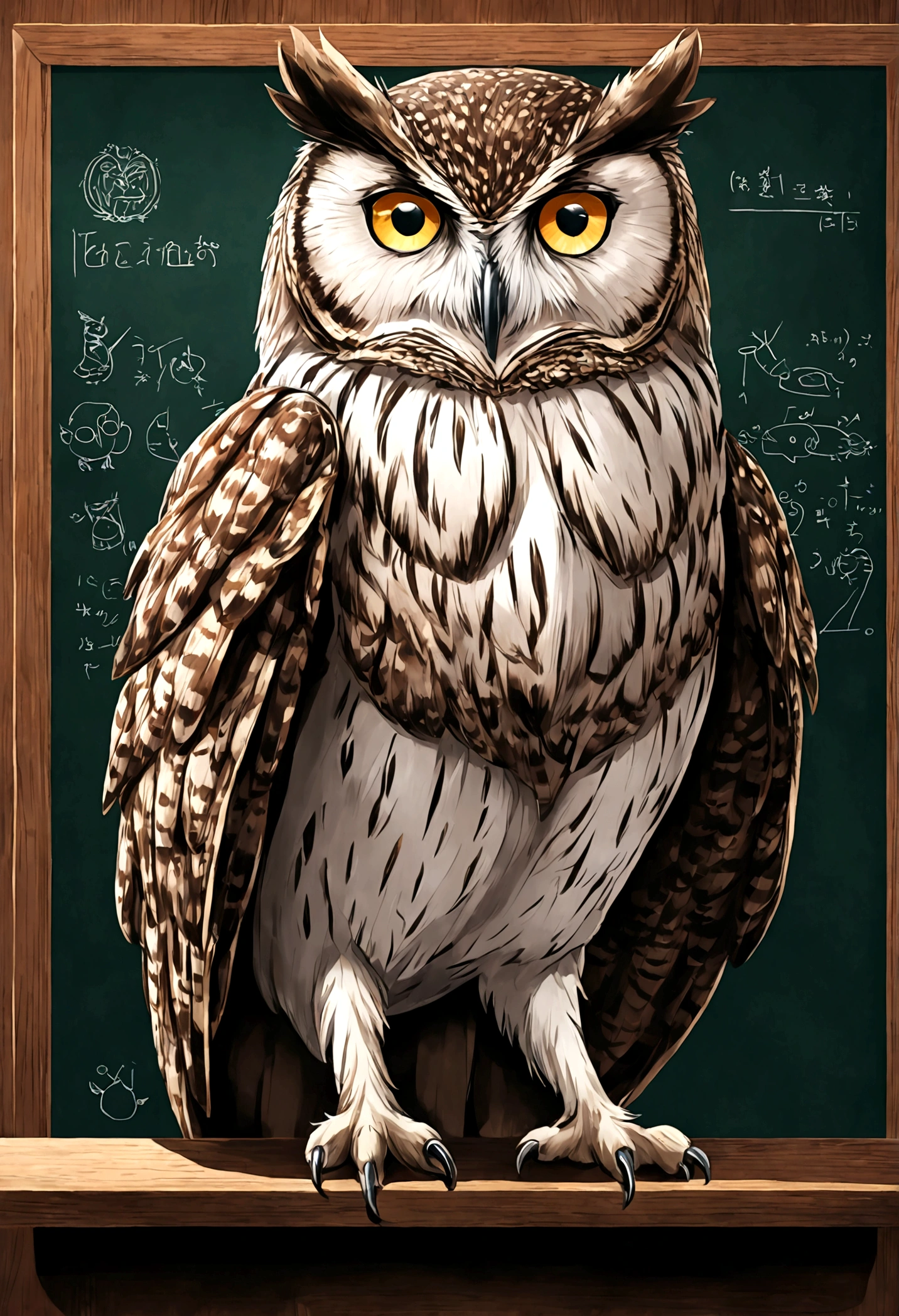 an owl wearing a toga standing tall in front of a blackboard. With its sharp eyes, the owl gives a serious impression, as if it were giving a lecture or asking an interesting question. Apparently, this owl is a wise professor, ready to impart his knowledge and wisdom to anyone willing to listen.
