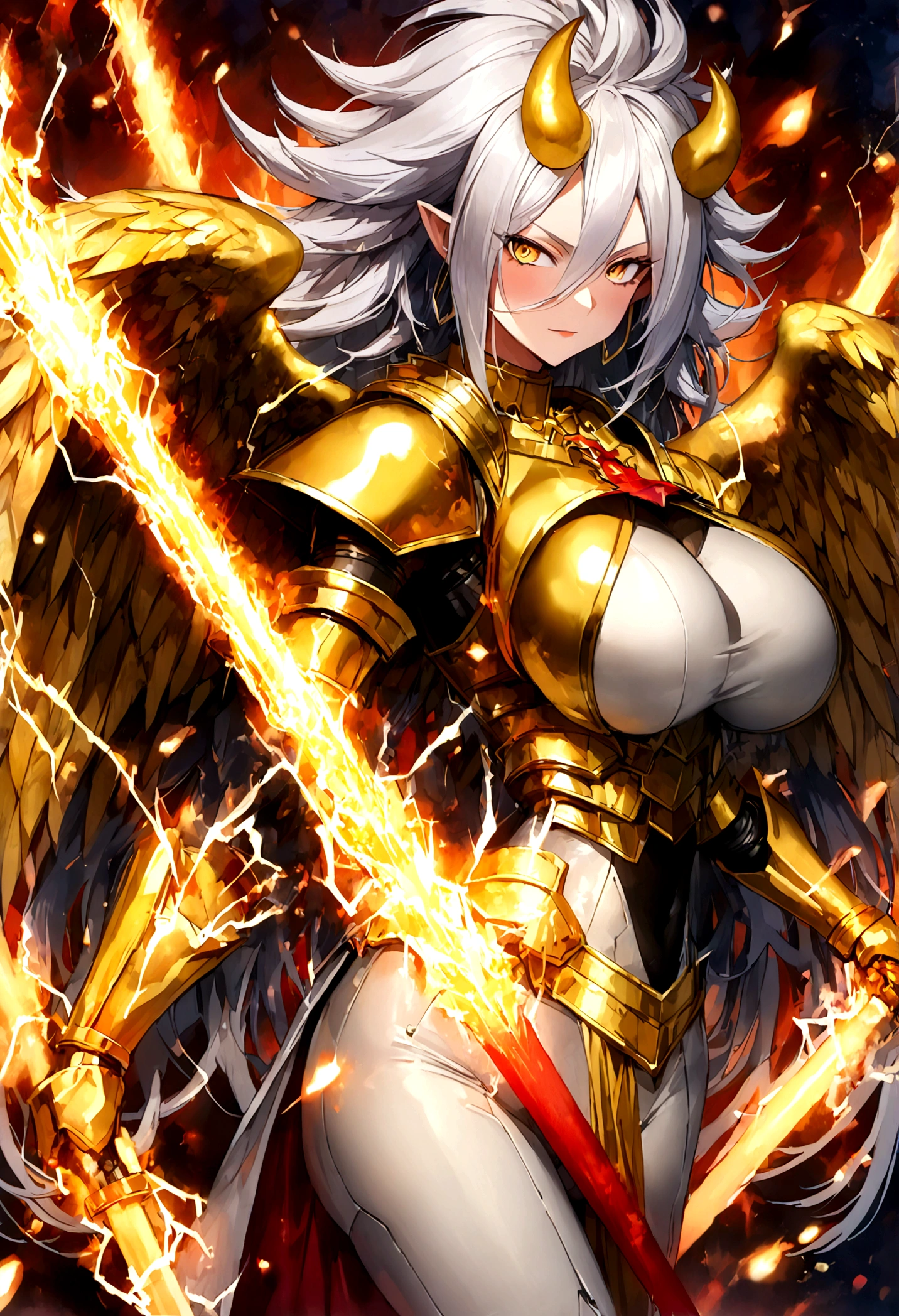 ((Lightning Power)), ((Electricity)), ((Fire Background)), (Lightning Storm), (((android 21))), (((white Coat))), (((Busty))), (((((Big breast:1,3)))), luxury bustier corset, ((silver hair)), (((Very slim waist))), propotional body, ((Gorgeous)), (((gold wings))), masterpiece, hyperdetail, ambient effect, digital effect, (((FIRE SWORD)), (((Lightning Sword))), (((Fire Gold Armor))), (((Lightning Gold Wings))), ((Fire Demon Horns))