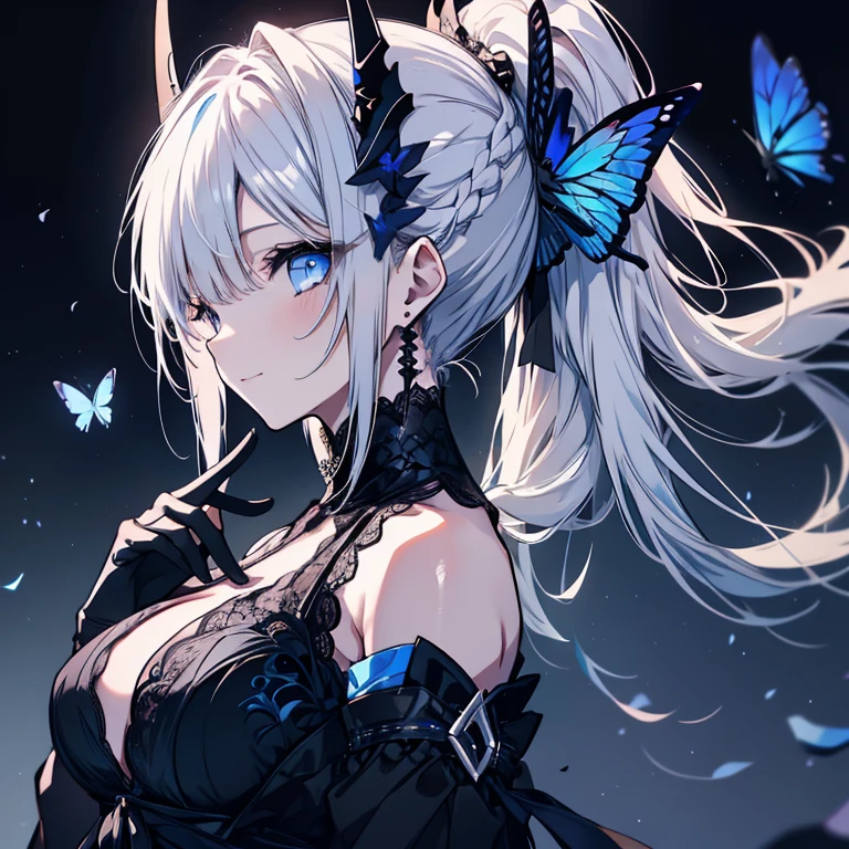 1 girl、Mature、Ample breasts、White Hair、Long Hair、ponytail、ハイponytail、Blue Eyes、Sharp Eyes、Black Dress、Black Mask、Shoulder Bare、Belly button、Blue Butterfly、Moonlit Night、A seductive smile、High resolution、highest quality、Black Mask、lace fabric gloves、Big Wings、Look to the side、profile、beautiful、Black Mask、