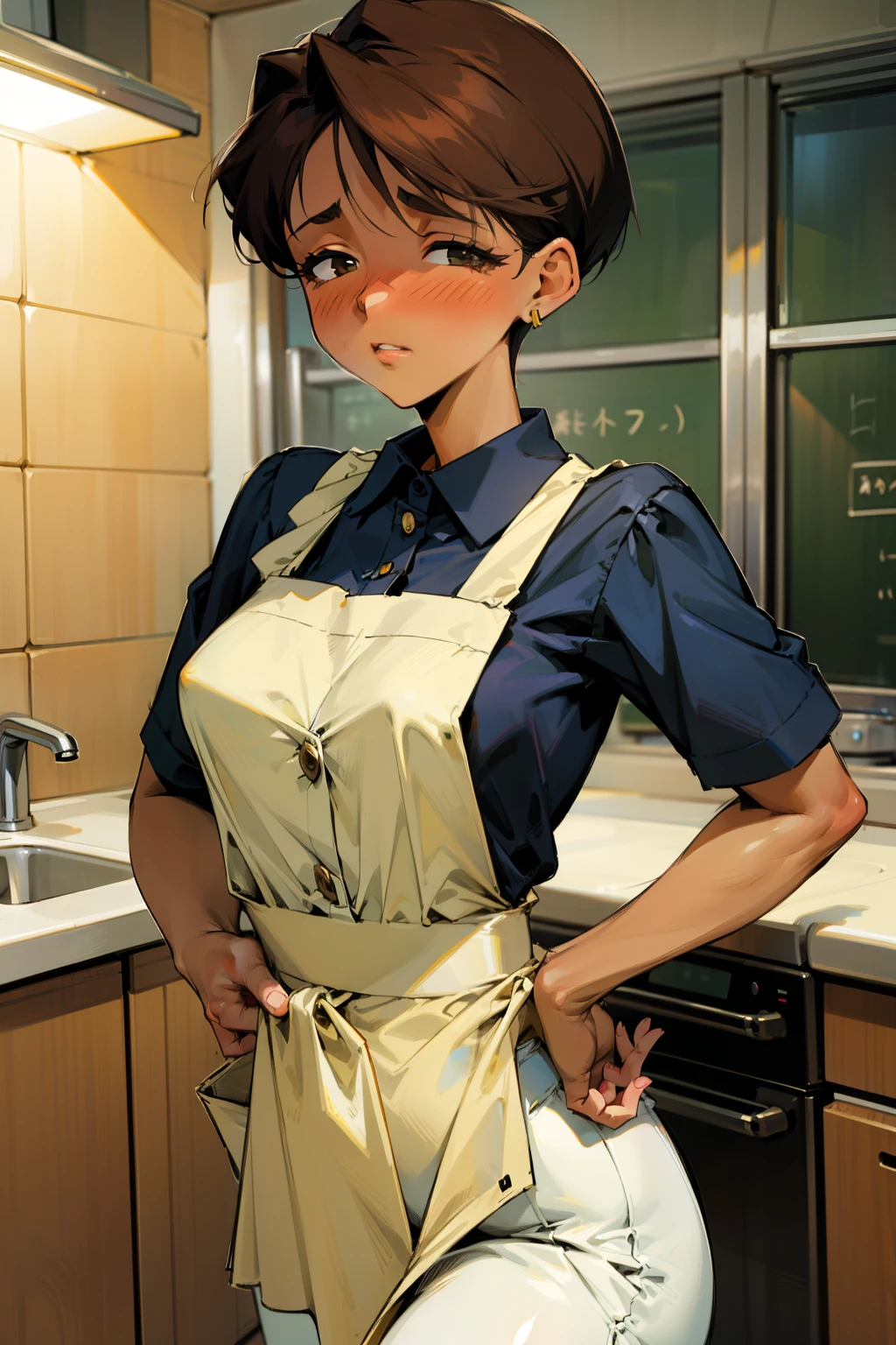 ,(Masterpiece), Best Quality, ultra-detailed, MIZUKITO, TAN, EARRINGS,half-closed  eyes, head scarf, white y shirts(buttons), white apron, white pants , , slender and sexy body, 1girl, solo,facing viewer, looking  at viewer,a come-hither face, parted lips, nose blush, blush,night time, school, in the a restaurant kitchen, against the sink, standing,  Sexy waist teasing 
