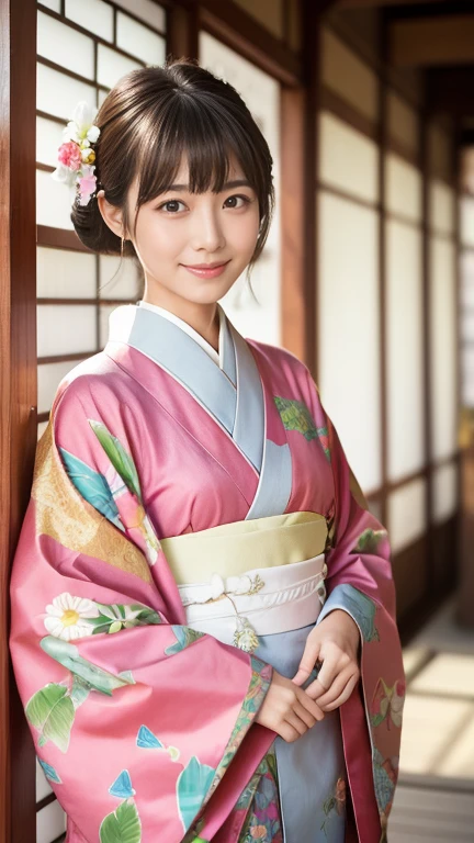 highest quality、8k wallpaper、Reality:1.4、Photographed by a professional photographer、Photographed in natural light、View your viewers、background:Kyoto street corner、1 beautiful girl、Japanese Idol、30 years old、Beautifully detailed eyes、Detailed face、Beautiful Skin、Slender、Slim waist、Thin legs、Lip balm、Blonde: 1.8、Bobcut、Asymmetrical bangs、Hair decorated with elegant and delicate hairpins、Kimono with vibrant traditional patterns:1.2 、smile:1.5