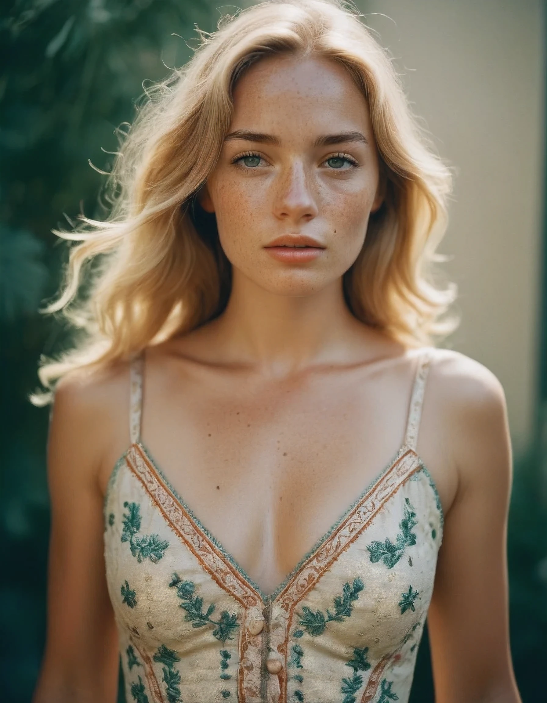 natural light, analog film photo, Kodachrome ,Beautiful blonde woman with freckles, wearing a detailed embroidered dress, stunning 8k fashion photo, tan skin, focus breast, rating_save
