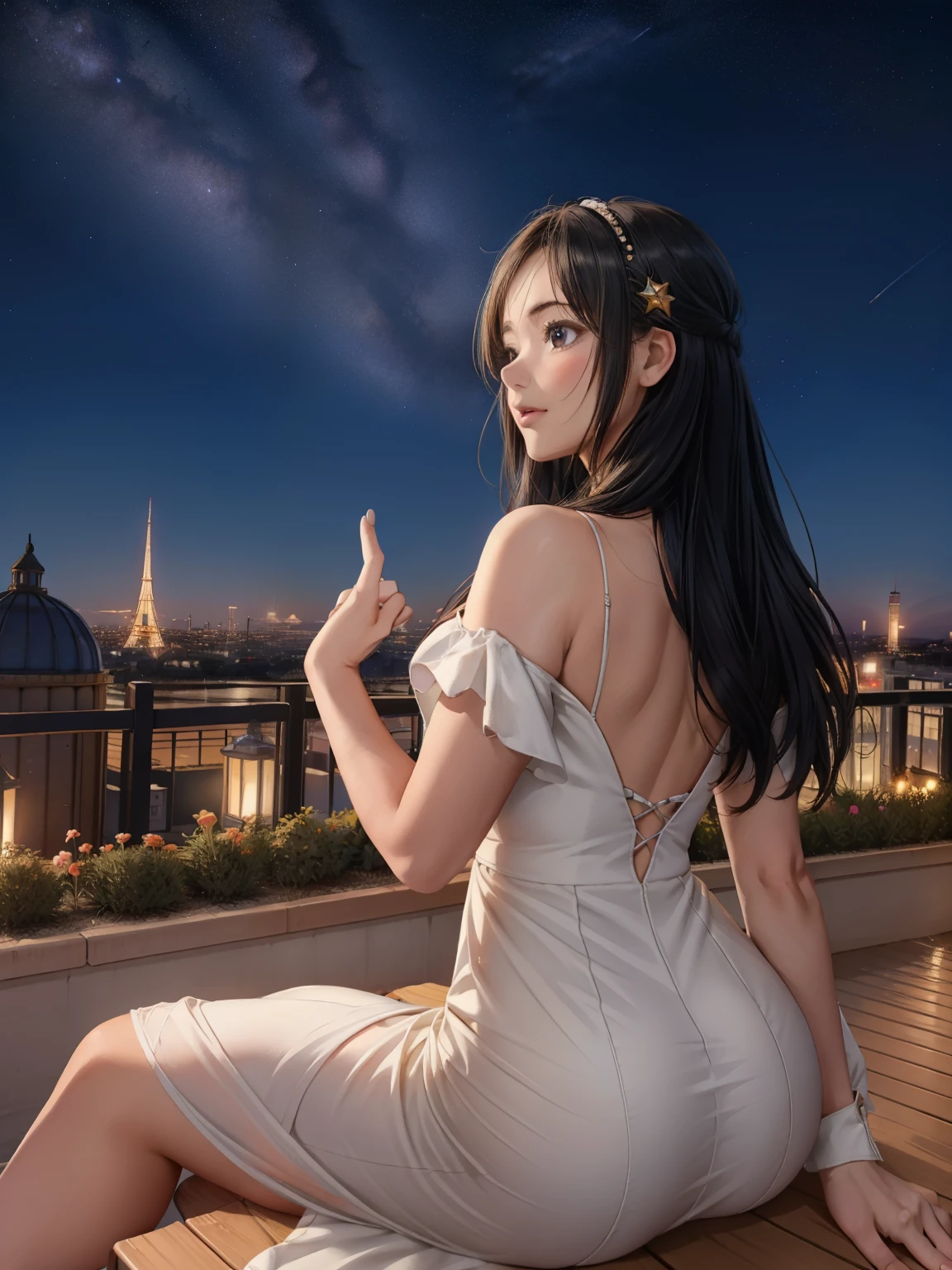 highest quality, masterpiece, Very detailed, Detailed Background, anime, 1 girl, Young girl, Short girl, sf, sf, Outdoor, night, Starry Sky, greenhouse, giant structure, Biodome, Wind景, scenery, horizon, rooftop, sitting on rooftop, Wind, avert your eyes, Atmospheric lighting, Focus Only, close, From the side, Written boundary depth, Bokeh, Shooting from behind, The clothes are tight and the figure is clearly visible, ((Draw your fingers carefully:1.5))
