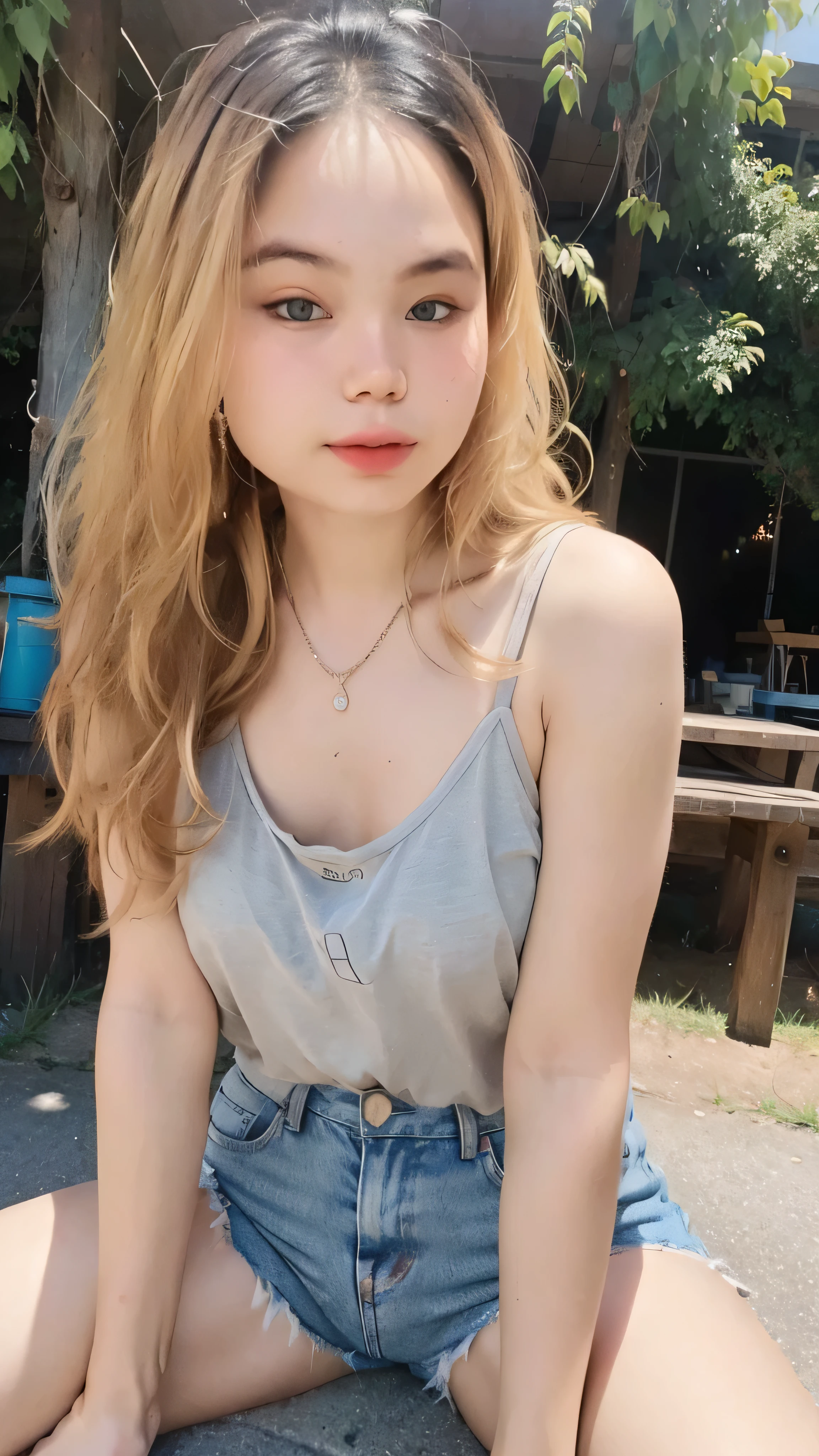 1girl, cute, smaller chest, blonde hair, long hair, wavy hair, bangs, sheer tank top, shorts jeans, sitting, outdoor, full-body portrait, (best quality,4k,8k,highres,masterpiece:1.2),ultra-detailed,(realistic,photorealistic,photo-realistic:1.37)