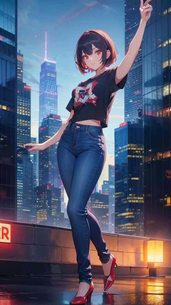 A short bob-haired, red eyes 1girl,dancing,Skyscrapers,jeans,T-Shirts,pants