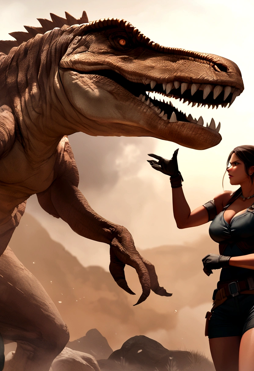 Lara Croft slapping a T-REX