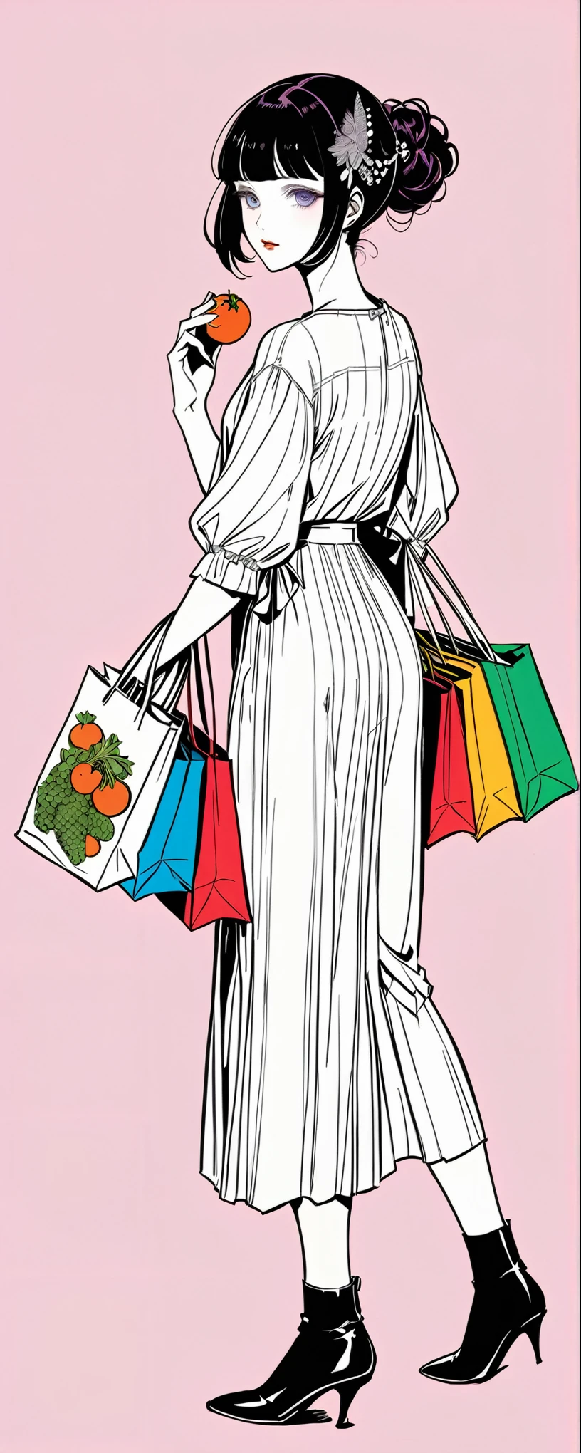 in style of Harry Clarke,
1girl,
BREAK
casual wear,1 shopping bag in hand,plastic bags contain a variety of fresh ingredients,solid color background,fantasty,comic style,minimalist style,making faces,back view,look at the camera,graceful movements,