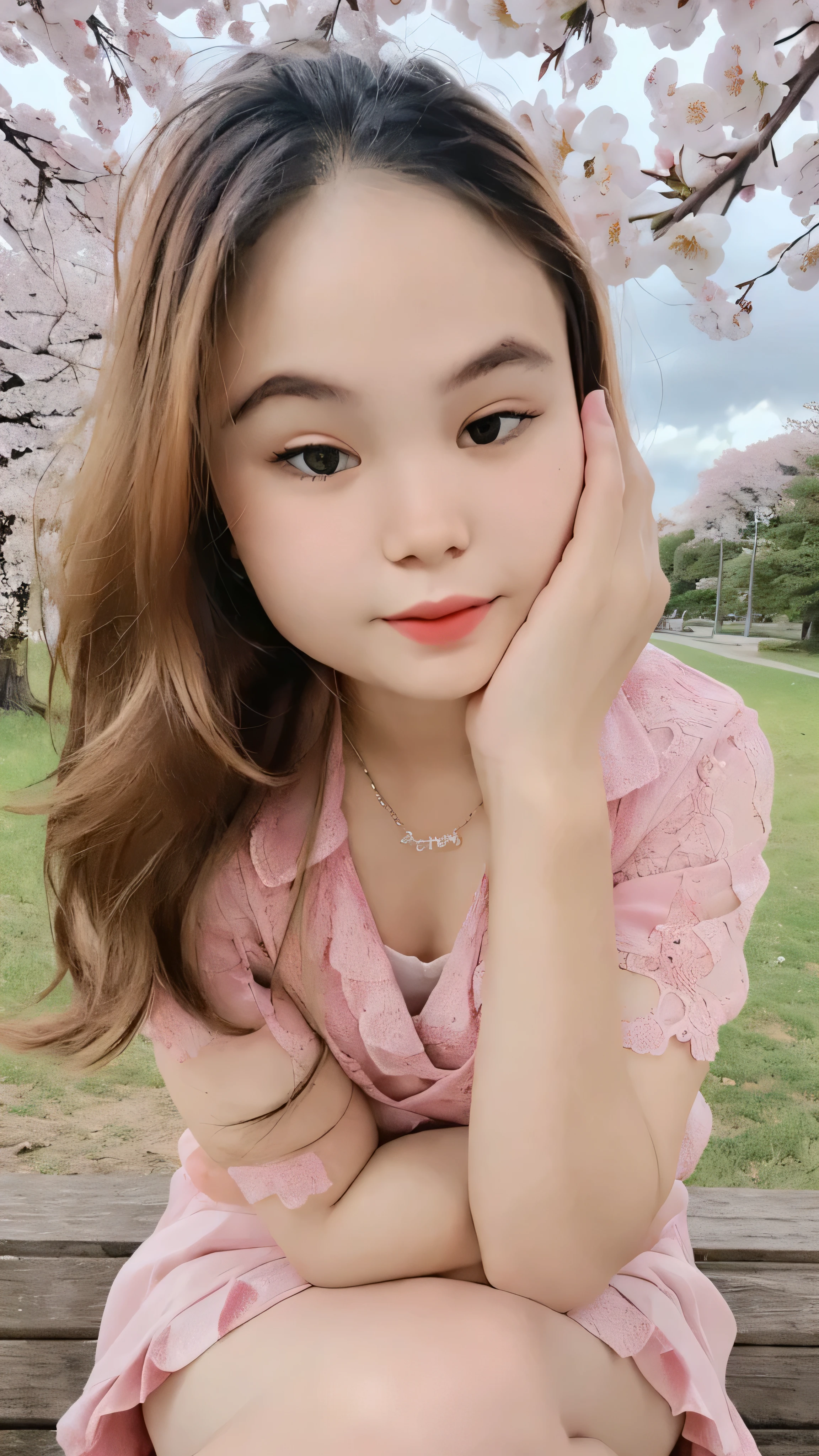 (super highest quality:1.3) (very realistic, Photoreal:1.3), (Realistic and very high quality:1.3), soft light, (brown hair, 1 girl, highly detailed eyes and face, beautifully detailed nose, thin and beautiful eyes, Pure beauty, cute, young, (smaller and flat chest), realistic face, realistic body, beautiful thigh, lace camisole top, mini skirt, full-body porttrait, , sitting, open legs, cherry blossom background