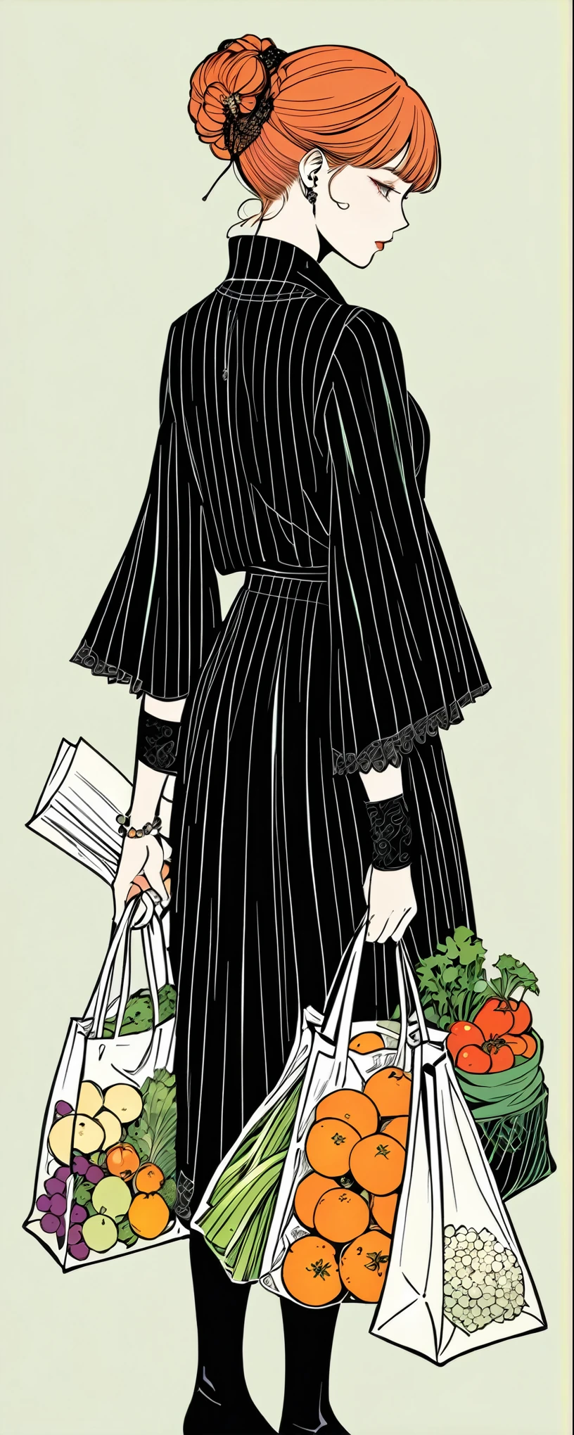 in style of Harry Clarke,
1girl,
BREAK
casual wear,1 shopping bag in hand,plastic bags contain a variety of fresh ingredients,solid color background,fantasty,comic style,minimalist style,making faces,back view,look at the camera,graceful movements,