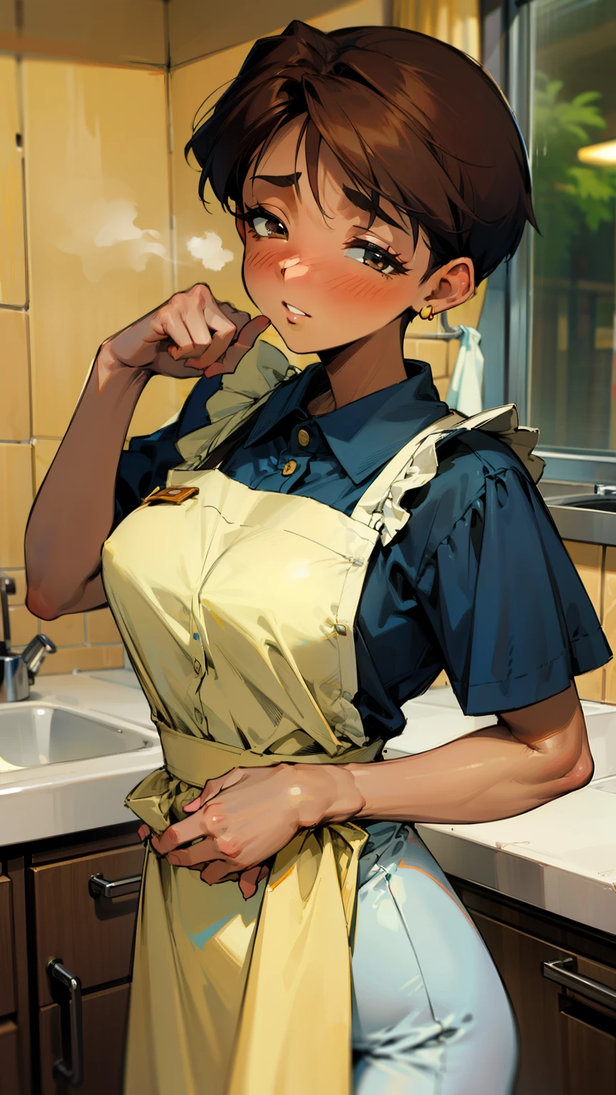 ,(Masterpiece), Best Quality, ultra-detailed, MIZUKITO, TAN, EARRINGS,half-closed  eyes, head scarf, white y shirts(buttons), white apron, white pants , , slender and sexy body, 1girl, solo,facing viewer, looking  at viewer,a come-hither face, parted lips, nose blush, blush,night time, school, in the a restaurant kitchen, against the sink, standing,  Sexy waist teasing 