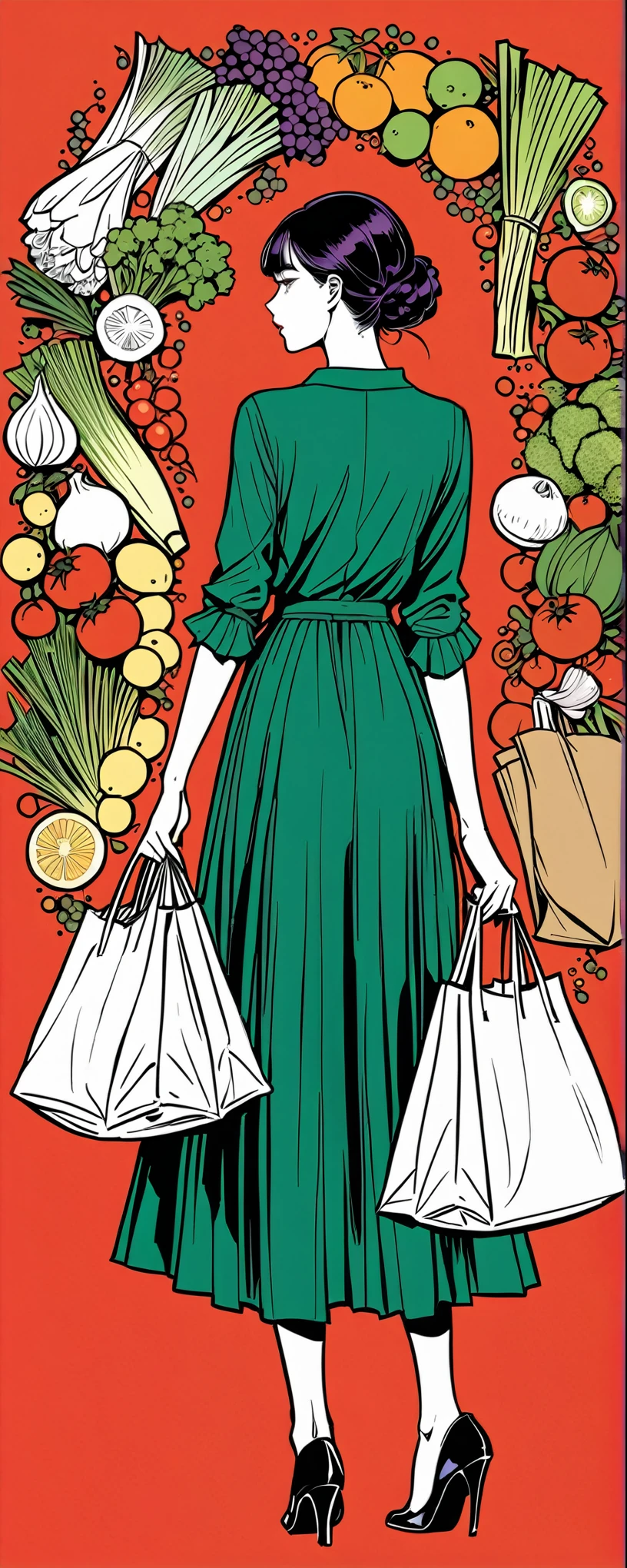 in style of Harry Clarke,
1girl,
BREAK
casual wear,1 shopping bag in hand,plastic bags contain a variety of fresh ingredients,solid color background,fantasty,comic style,minimalist style,making faces,back view,look at the camera,graceful movements,