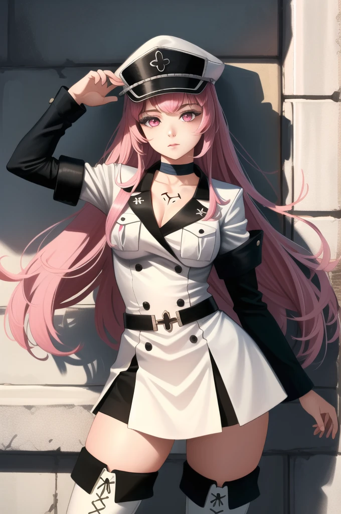 (masterpiece, best quality), intricate details,
1girl, hilda, pink hair, pink eyes, long hair, hat, peaked cap, military, uniform, military uniform, choker, thighhighs, boots, thigh boots, white footwear, chest tattoo,