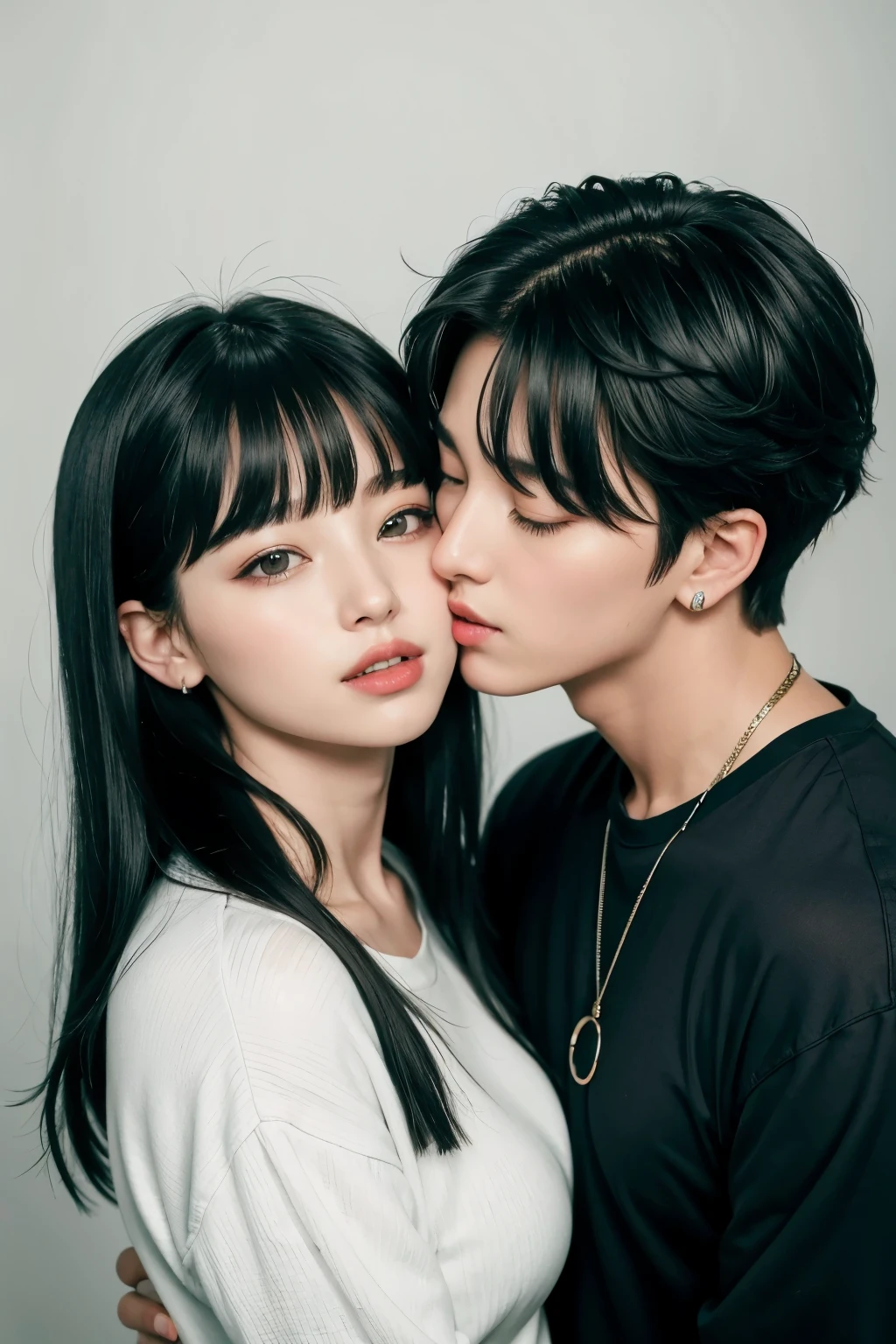 make singer jungkook kissing a girl with medium black hair with bangs 