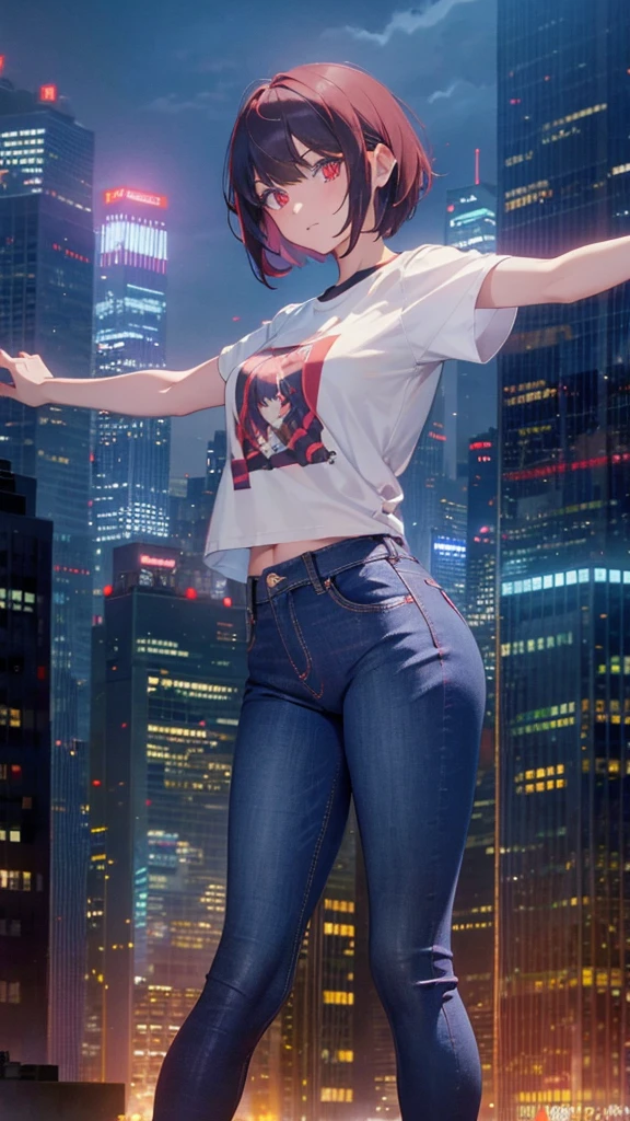 A short bob-haired, red eyes 1girl,dancing,Skyscrapers,jeans,T-Shirts,hot pants