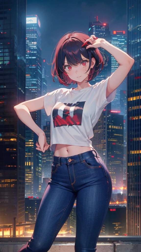 A short bob-haired, red eyes 1girl,dancing,Skyscrapers,jeans,T-Shirts,hot pants