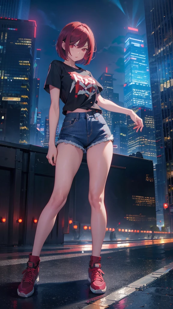 A short bob-haired, red eyes 1girl,dancing,Skyscrapers,jeans,T-Shirts,hot pants