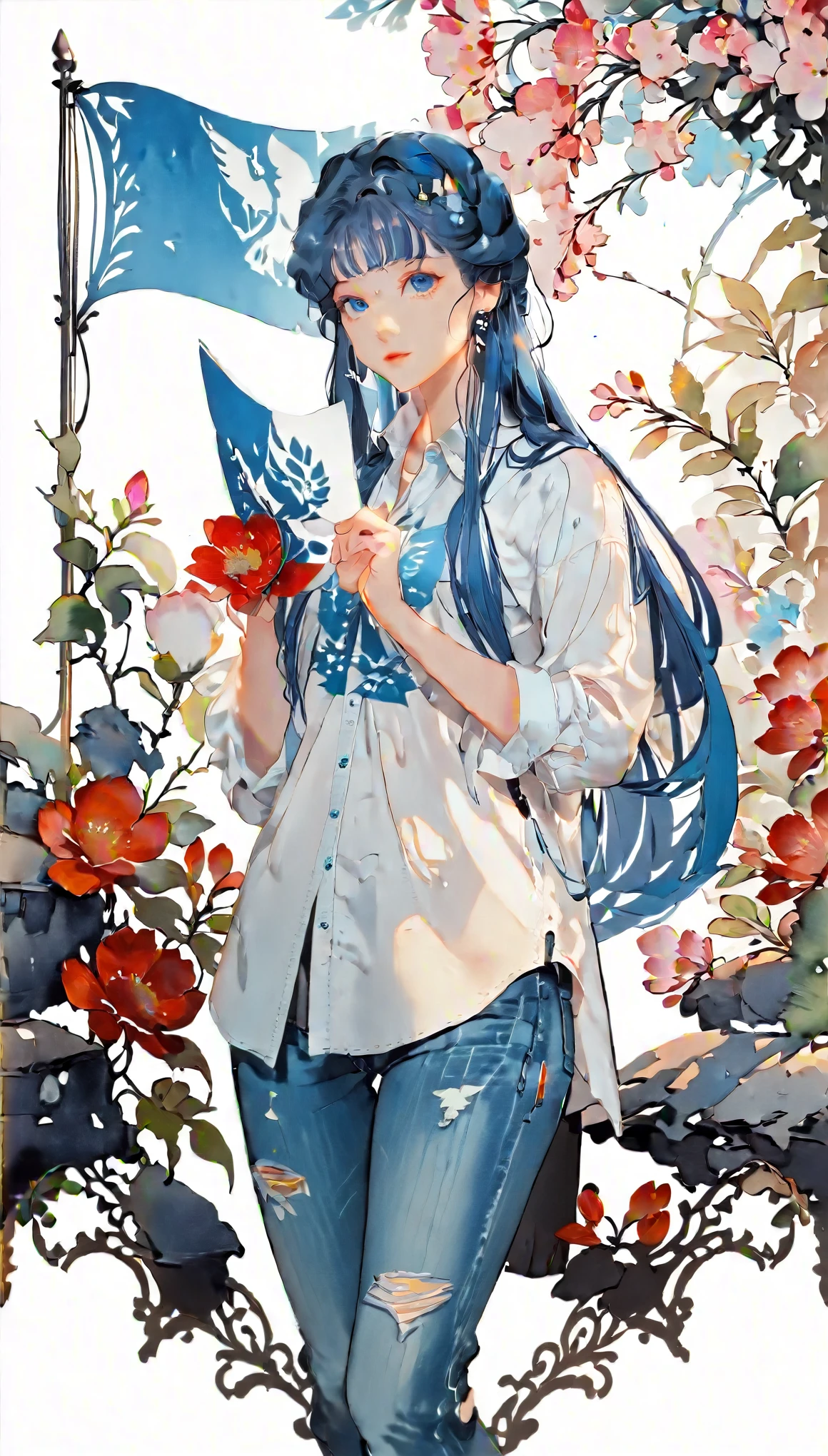 (((How to cut paper))), 1 girl, Blue Hair, Long Hair, portfolio, Shirts and denim, flag