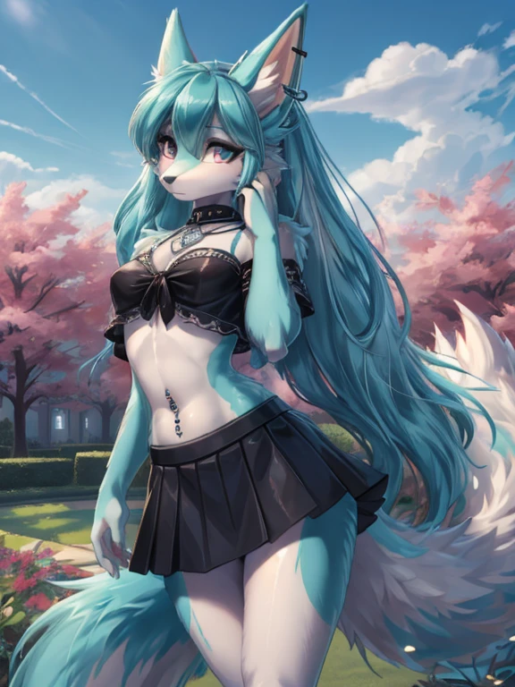Chica anime, anime style, cute hatsune miku x suicune, shy girl , Orejas de Kitsune, arte de dark natasha, garden landscape, arte de vixen aztra, cuerpo completo, patas hermosas, cintura delgada, caderas amplias, piernas torneadas, hermosa, foto de cuerpo completo, sensual navel blouse, black skirt, navel piercing, ear piercing, navel tattoo, shy pose, back pose, hands up,  black body, beatifull and detailed hands
