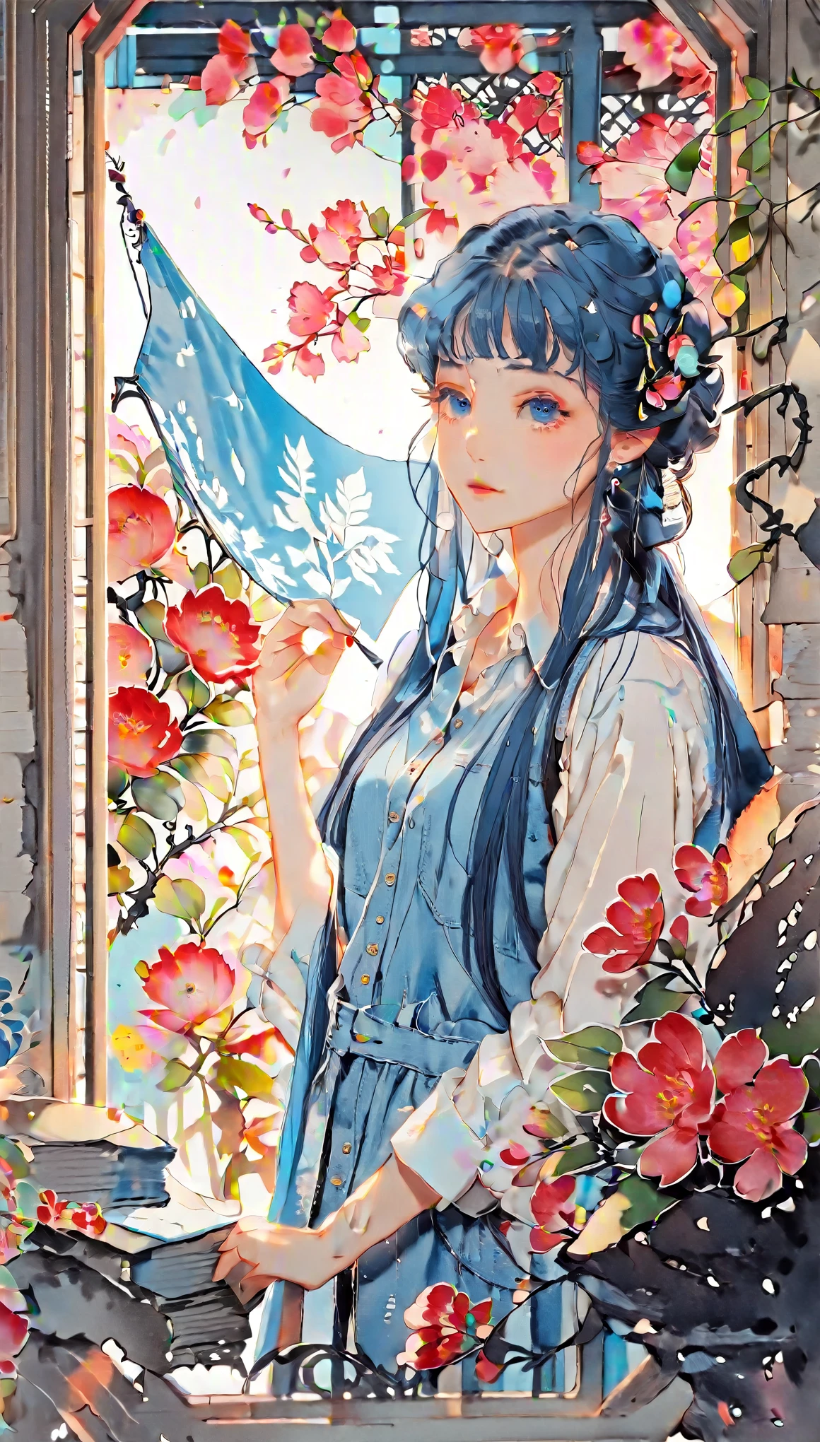 (((How to cut paper))), 1 girl, Blue Hair, Long Hair, portfolio, Shirts and denim, flag