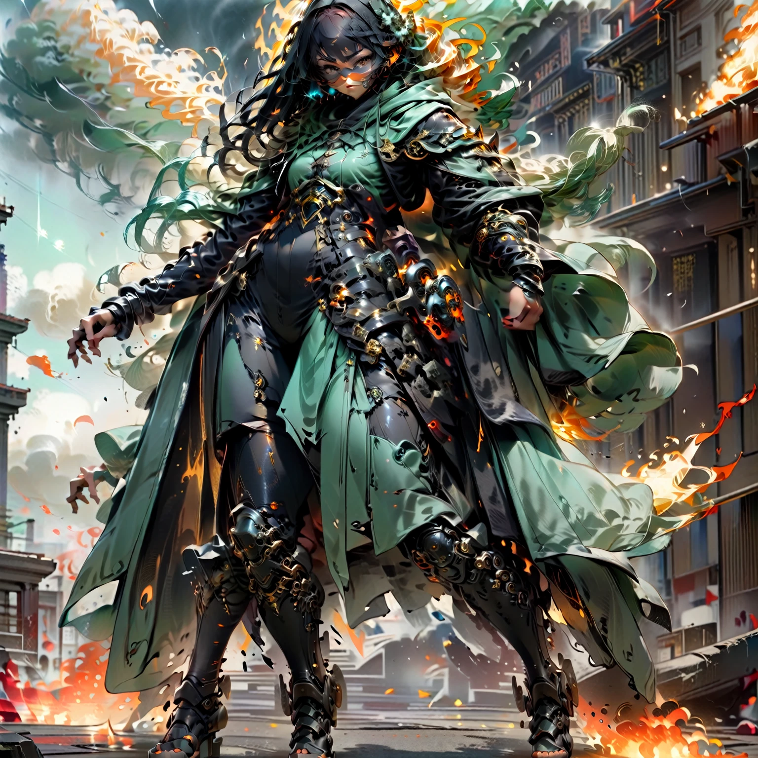 anime girl, priest suit, long mint-cloak, hoodie masked, thunder fist, combat action, iconic strike stance, epicRealism, 8k, UHD super detailed, perfect face, perfect fist, perfect feet, ethereal, thick smoke and flames