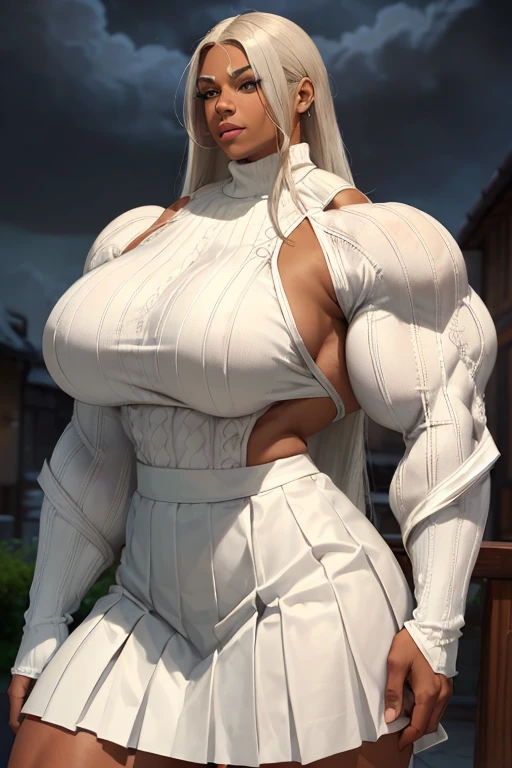(((((Massive tall, beautiful, buff, brown skinned muscular woman with white hair, ginormous bulky muscles and wearing a beautiful white long-sleeved turtleneck sweater with a long pleated skirt))))), (close view), (massive muscles), long straight hair, ((black pantyhose)), blue eyes, choker, ((beautiful turtleneck sweater)), pleated skirt, white boots, (in the Cloudy beautiful village), closed smile, night, ginormous muscles