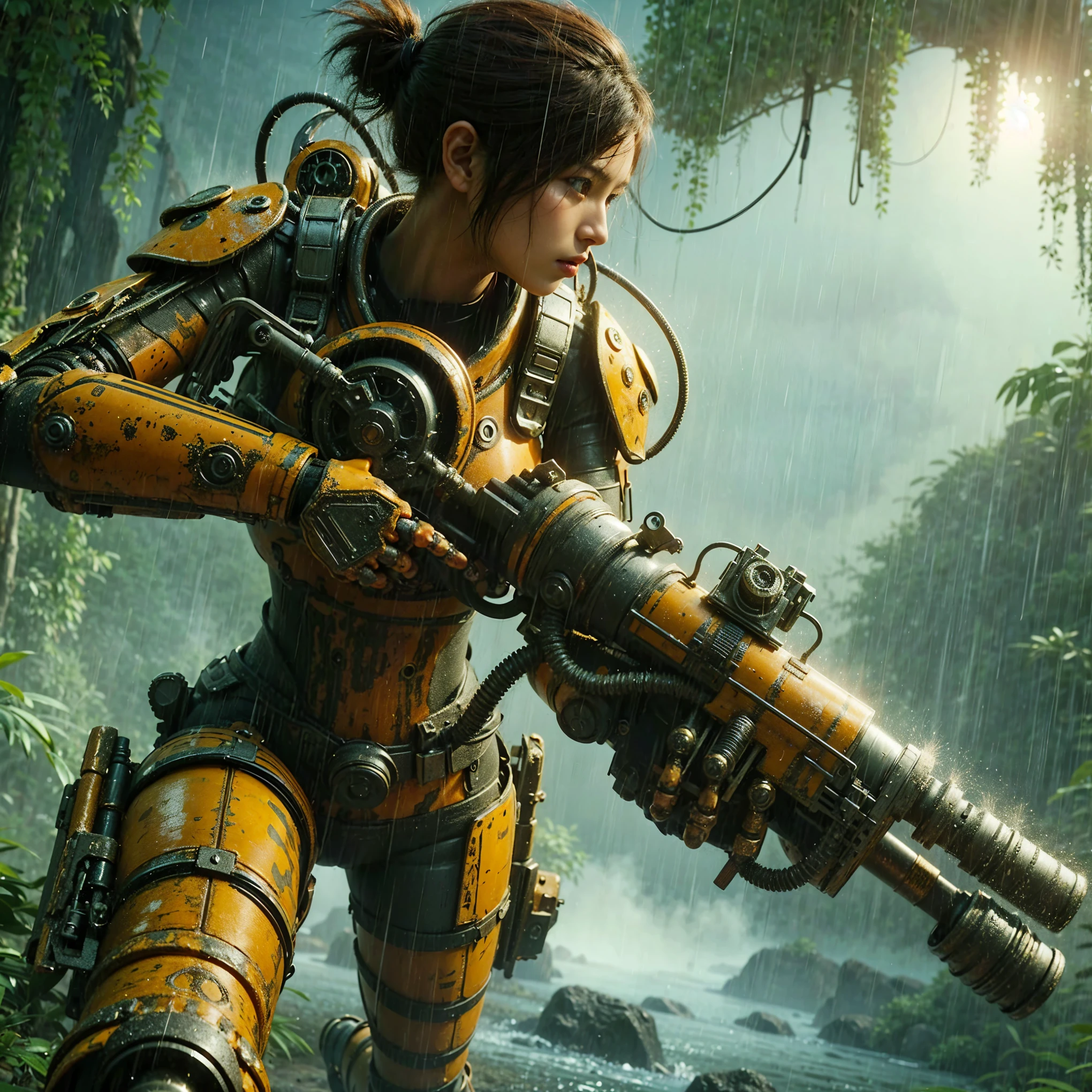 ultra high res,8k,(Photorealsitic:1.4), (Lobster-like mechanical suit:1.2), designed by Hajime Katoki,heavy weapons,vivid textures,animal legs, gradation hair, japanese female soldier,(ultra beautiful face),((super realistic all textures)), ((super intricate all details)), full body shot, ultra sharp photo result, Acrylic Clear Cover, Hydraulic cylinder, style, taken with Fuji film X-T30+Nokton. HDR10,Minimum of 4 pieces created
