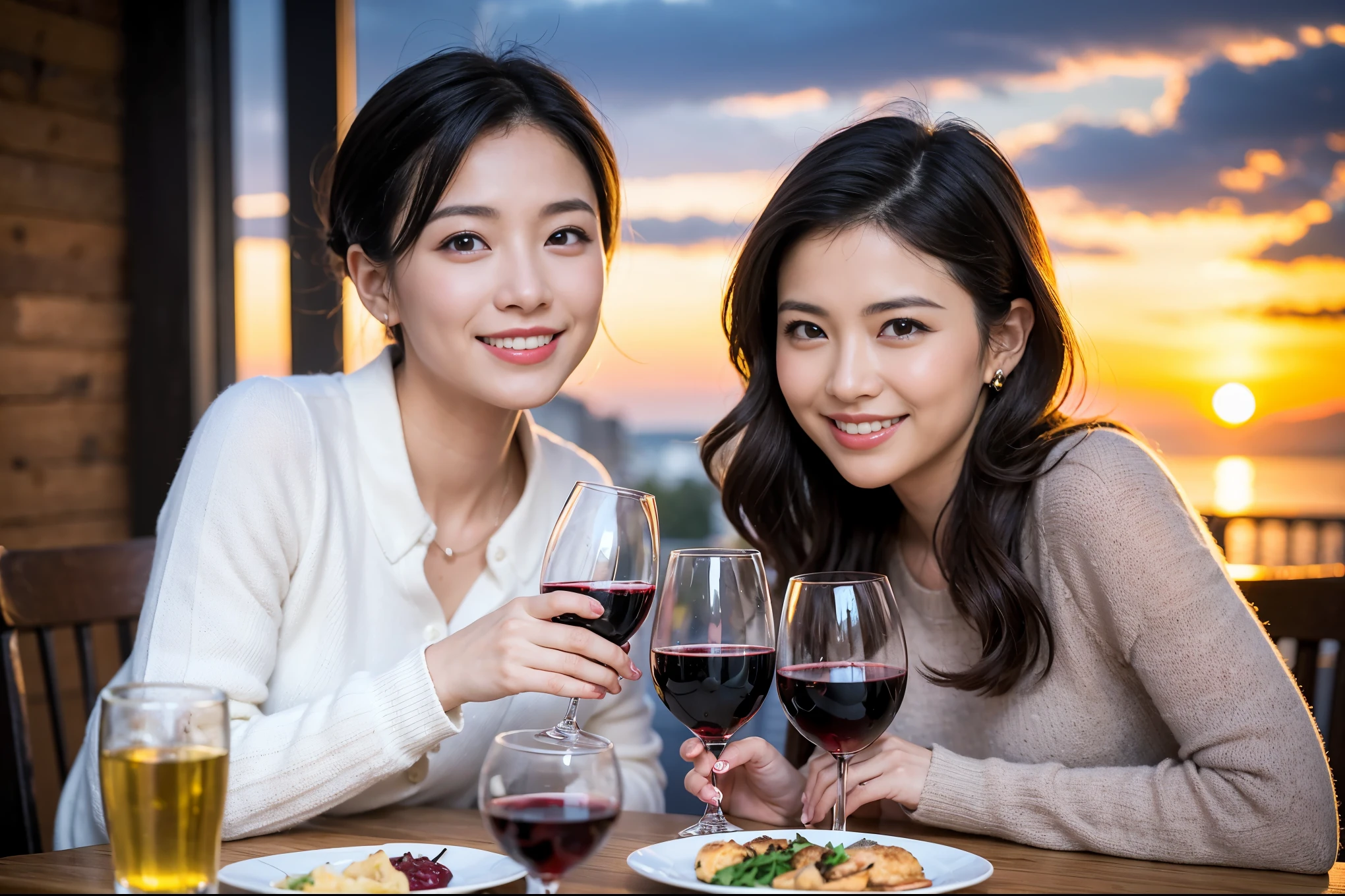 ((highest quality、8k、masterpiece:1.3))、 (Genuineistic, Genuine、Bright image、Intricate details:1.2), 最高のsmile 男性1人 女性1人、Beautiful couple、spouse、Engaged Couple、family、actresodel、smile、full-course dinner、 (Slim face), (the body is slim), (Brown Hair), (short hair), テーブルの上のwine glass、Please shine a light on my face、 Amazing view of the sunset sky and clouds、 (Age 37), 41 years old, red wine 、Appetizers、Wine bottle、sparkling wine、Long sleeve shirt、dress、White wine, red wine, wine glass,