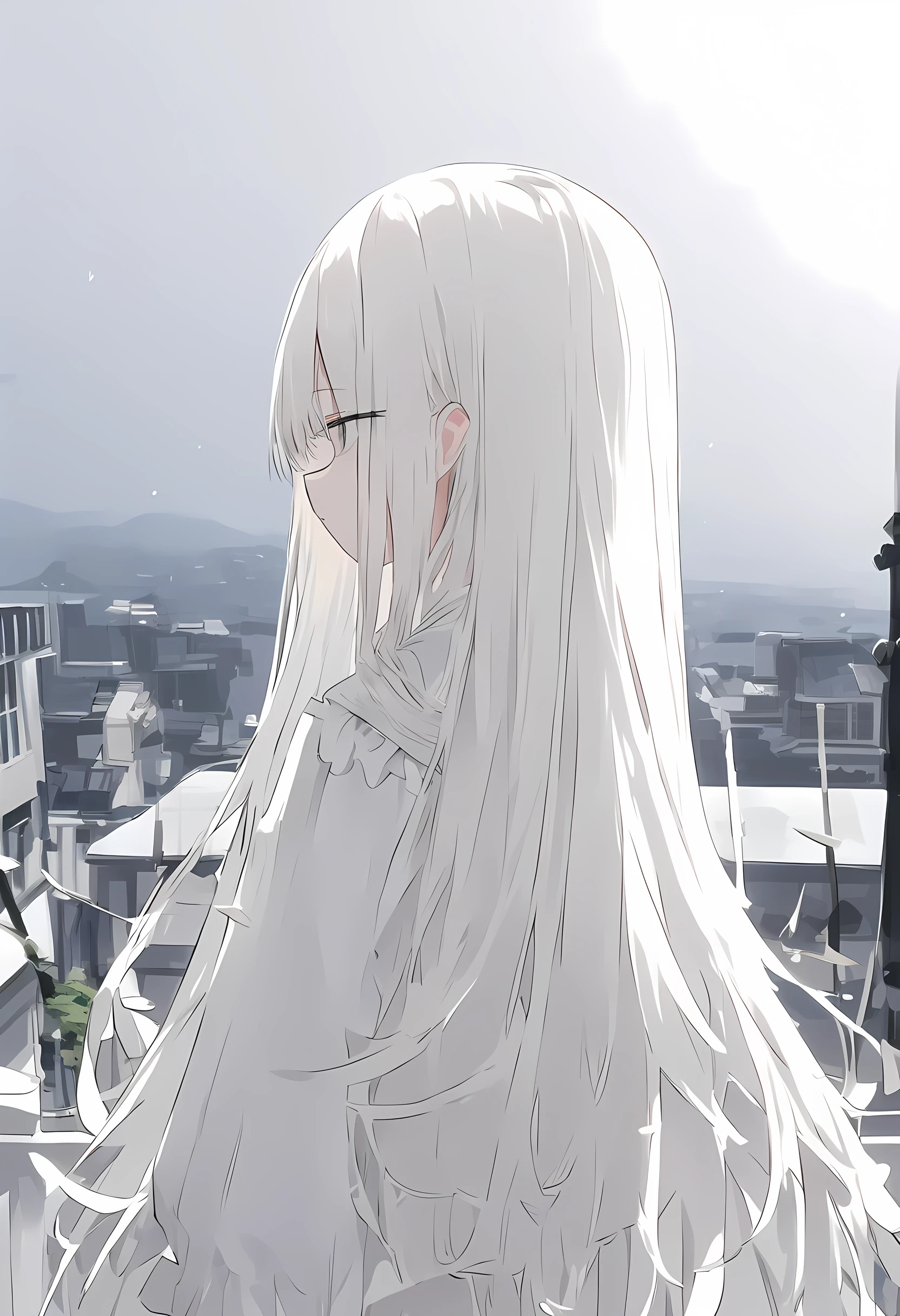 off white色、off white、Girl、off whiteの髪、Hair color is off white、髪がoff white、Long Hair、Eye color is off white、All of the eyes are off white、Overall, off white Girl、off whiteのGirl、The background is off white、Off white background、Off White Room、emotionless