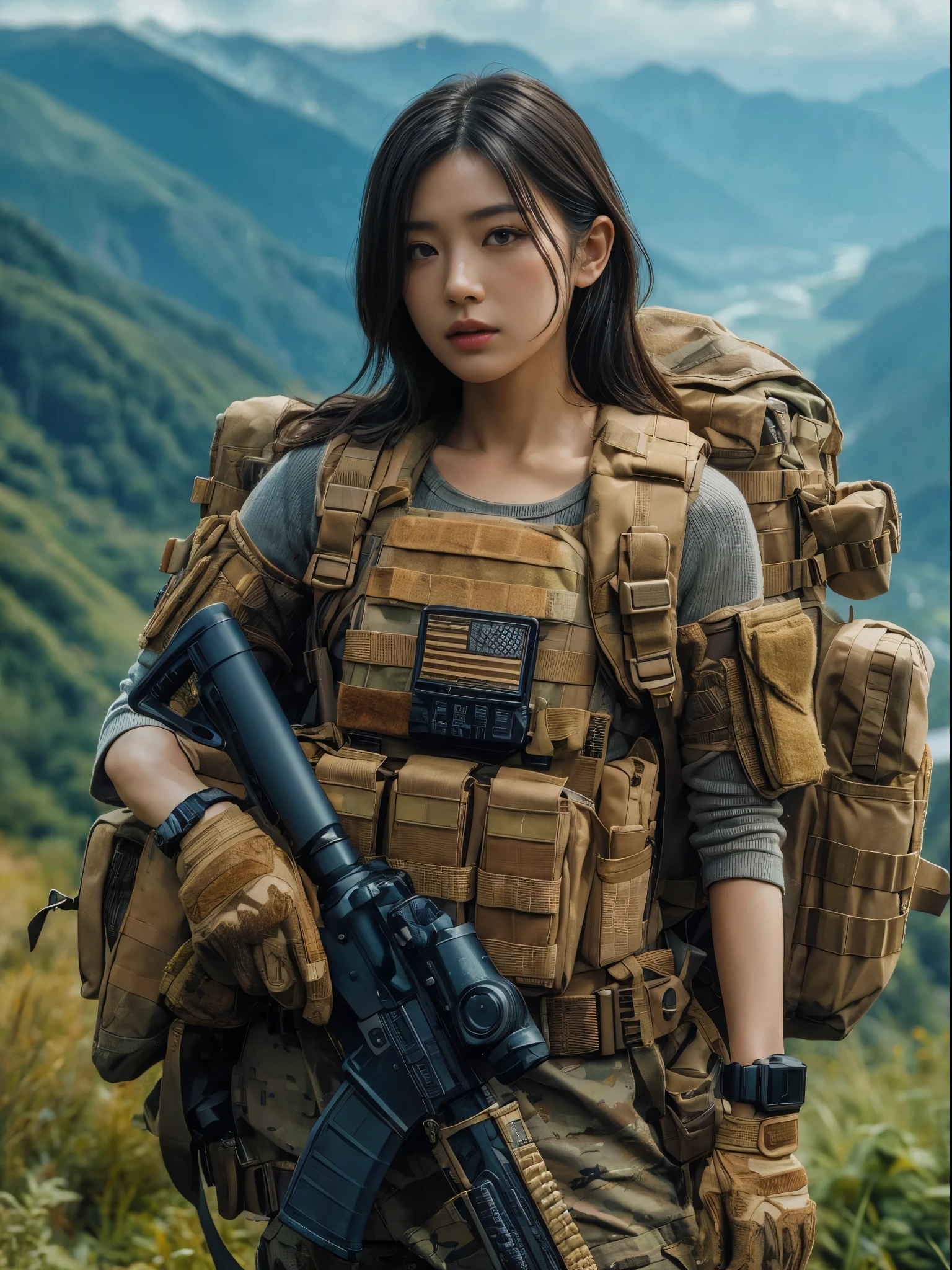 a highly detailed portrait of a japanese woman in the american military special forces, wearing full tactical gear including a bulletproof vest, watch, and military pants, standing in a mountainous american landscape, hyperrealistic, 8k, extremely realistic skin texture, photorealistic, superrealism, best quality, 4k, 8k, highres, masterpiece:1.2, ultra-detailed, realistic, photorealistic, photo-realistic:1.37, HDR, UHD, studio lighting, ultra-fine painting, sharp focus, physically-based rendering, extreme detail description, professional, vivid colors, bokeh