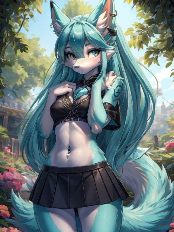 Chica anime, anime style, cute hatsune miku x suicune, shy girl , Orejas de Kitsune, arte de dark natasha, garden landscape, arte de vixen aztra, cuerpo completo, patas hermosas, cintura delgada, caderas amplias, piernas torneadas, hermosa, foto de cuerpo completo, sensual navel blouse, black mini skirt, navel piercing, ear piercing, navel tattoo, shy pose, back pose, hands up, black body, beatifull and detailed hands