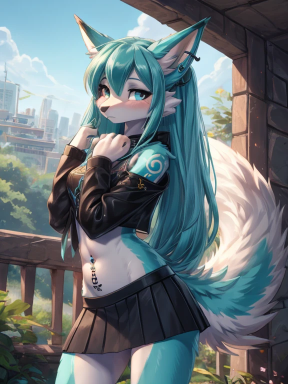 Chica anime, anime style, cute hatsune miku x suicune, shy girl , Orejas de Kitsune, arte de dark natasha, garden landscape, arte de vixen aztra, cuerpo completo, patas hermosas, cintura delgada, caderas amplias, piernas torneadas, hermosa, foto de cuerpo completo, sensual navel blouse, black mini skirt, navel piercing, ear piercing, navel tattoo, shy pose, back pose, hands up,  black body, beatifull and detailed hands