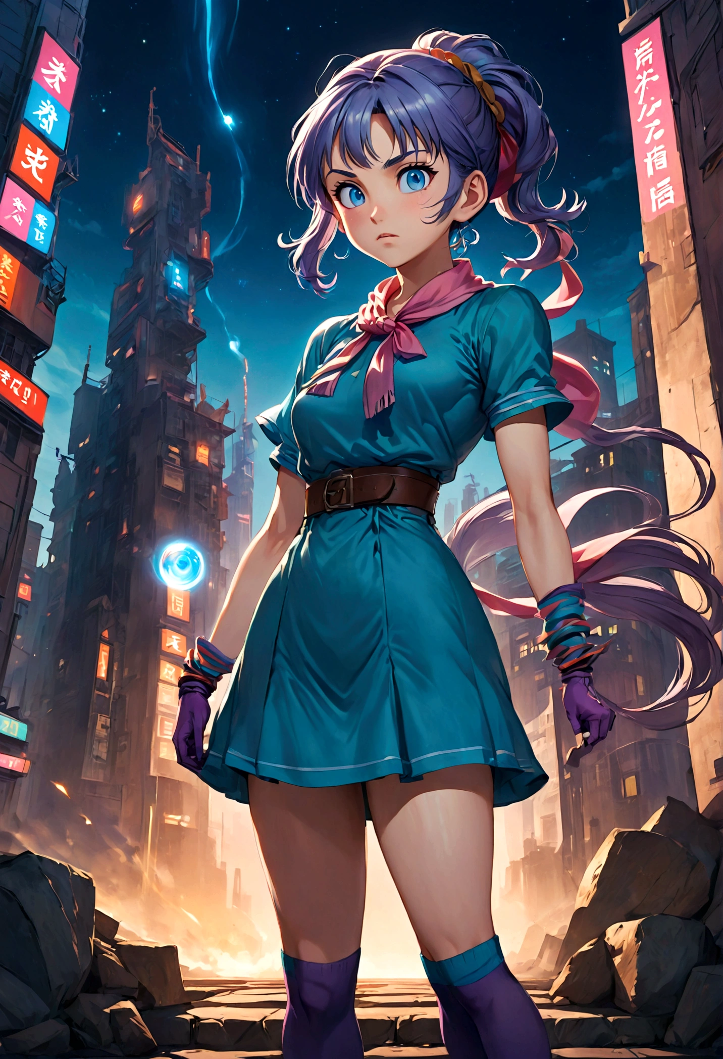 1girl, bulma, (Disgusted Look, frown:1.2), disgust, Disgusted face, contempt, blue hair, blue eyes, ankle boots, ankle socks, belt, blue footwear, boots, bracelet, braid, braided ponytail, brown belt, brown gloves, dress, gloves, hair ribbon, jewelry, loose socks, parted bangs, pink dress, purple scarf, purple socks, red ribbon, ribbon, scarf, shoes, short dress, short sleeves, single glove, sneakers, socks, vertical-striped clothes, vertical-striped dress, outdoors, cityscape, looking at viewer, from below, close up, glowing eye, dutch angle, cowboy shot, anime screenshot, source_anime, dramatic composition, cinematic dynamic action scene, vibrant colors, cinematic lighting, dramatic lighting, best quality, masterpiece, very aesthetic, perfect composition, intricate details, ultra-detailed