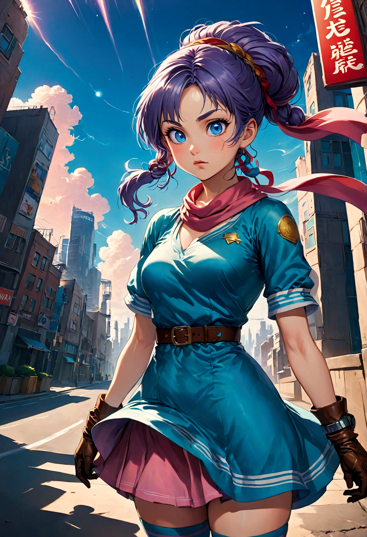 1girl, bulma, (Disgusted Look, frown:1.2), disgust, Disgusted face, contempt, blue hair, blue eyes, ankle boots, ankle socks, belt, blue footwear, boots, bracelet, braid, braided ponytail, brown belt, brown gloves, dress, gloves, hair ribbon, jewelry, loose socks, parted bangs, pink dress, purple scarf, purple socks, red ribbon, ribbon, scarf, shoes, short dress, short sleeves, single glove, sneakers, socks, vertical-striped clothes, vertical-striped dress, outdoors, cityscape, looking at viewer, from below, close up, glowing eye, dutch angle, cowboy shot, anime screenshot, source_anime, dramatic composition, cinematic dynamic action scene, vibrant colors, cinematic lighting, dramatic lighting, best quality, masterpiece, very aesthetic, perfect composition, intricate details, ultra-detailed