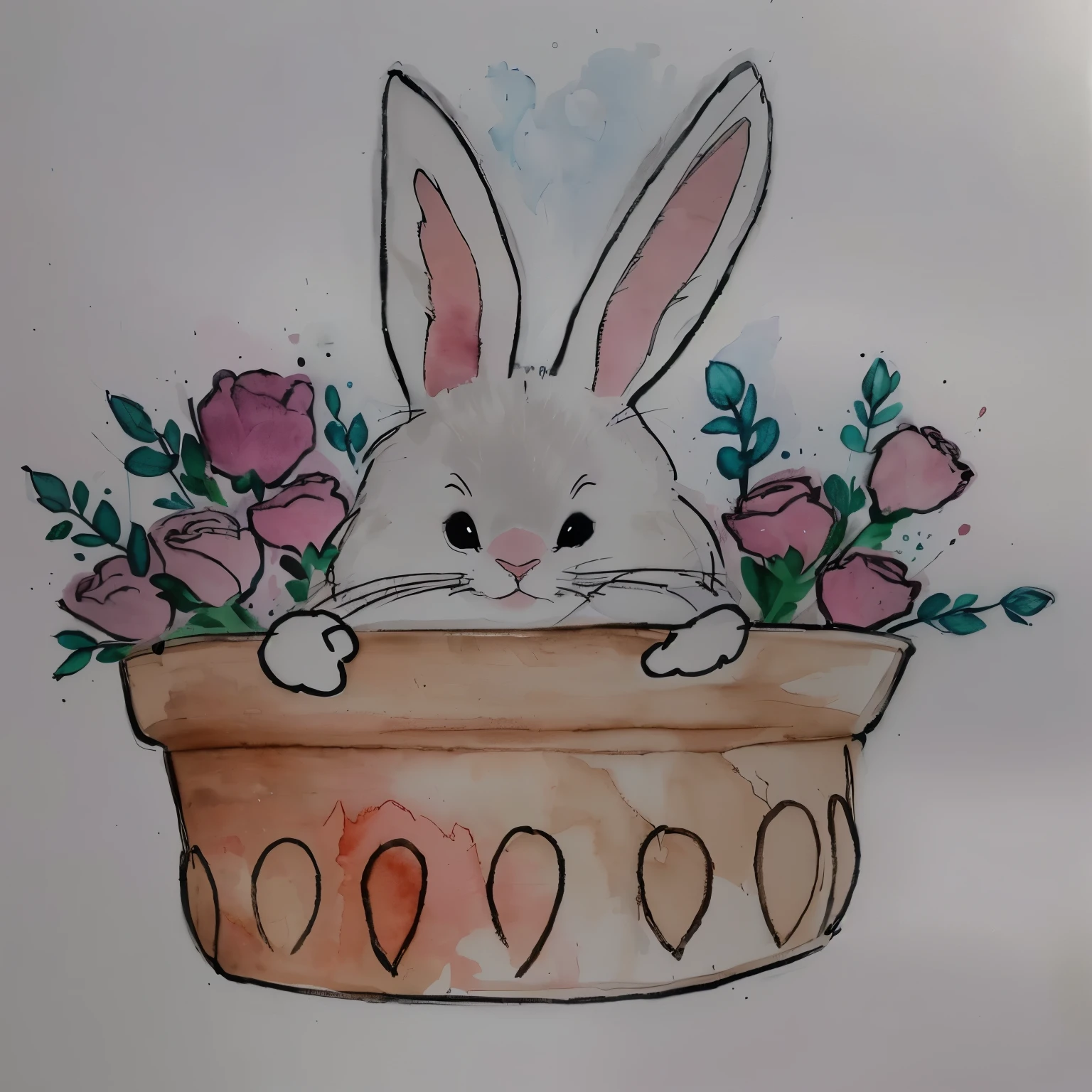 there is a drawing of a coelho in a flower pot, inspirado em Beatrix Potter, por Ilka Gedő, Direction: Glenys Cour, aquarela e caneta, coelhinho, detalhe adicionado, the coelhinho has pink fur, por Károly Lotz, anthropomorphic coelho, Tinta e aquarela, coelho, a coelho full of hope