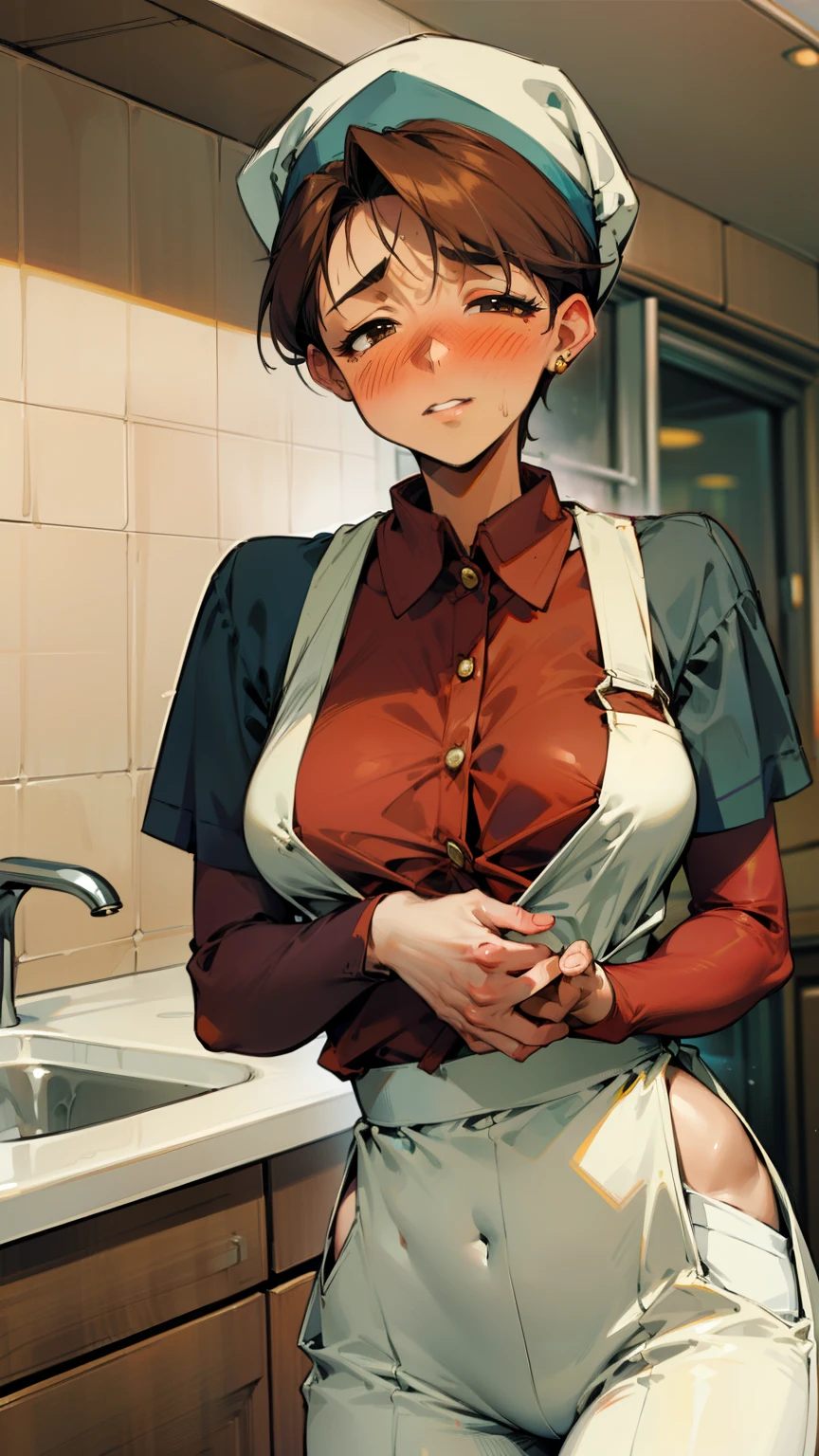 ,(Masterpiece), Best Quality, ultra-detailed, MIZUKITO, TAN, EARRINGS,half-closed  eyes, head scarf, white y shirts(buttons), white apron, white pants , , slender and sexy body, 1girl, solo,facing viewer, looking  at viewer,a come-hither face, parted lips, nose blush, blush,night time, school, in the a restaurant kitchen, against the sink, standing,  Sexy waist teasing ,mature women, a 40-year-old married woman