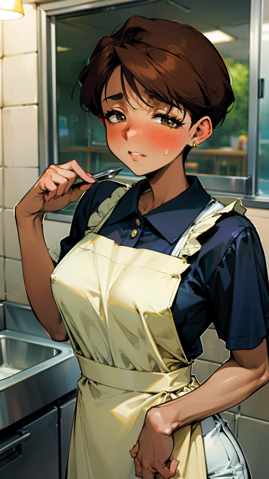 ,(Masterpiece), Best Quality, ultra-detailed, MIZUKITO, TAN, EARRINGS,half-closed  eyes, head scarf, white y shirts(buttons), white apron, white pants , , slender and sexy body, 1girl, solo,facing viewer, looking  at viewer,a come-hither face, parted lips, nose blush, blush,night time, school, in the a restaurant kitchen, against the sink, standing,  Sexy waist teasing ,mature women, a 40-year-old married woman